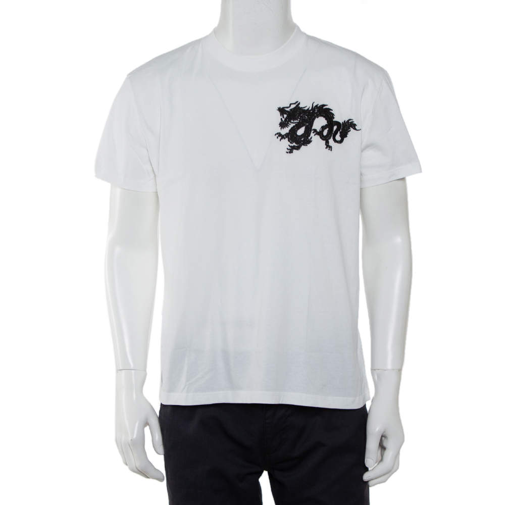 Pre Owned Prada White Cotton Dragon Embroidered Crewneck T-Shirt XXL