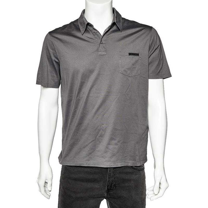 Pre Owned Prada Grey Cotton Pocket Detail Polo T-Shirt L
