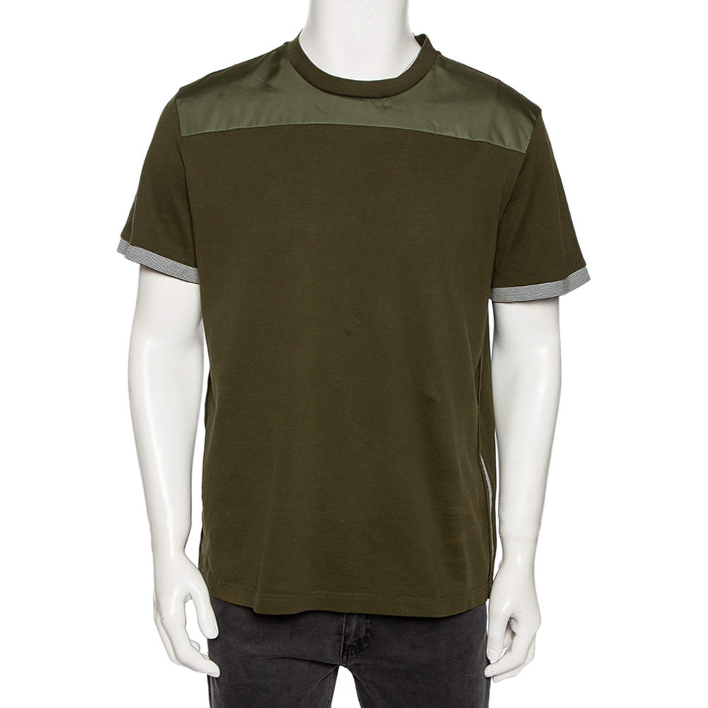 Prada Military Green Cotton Contrast Panel Detail Crew Neck T-Shirt XXL