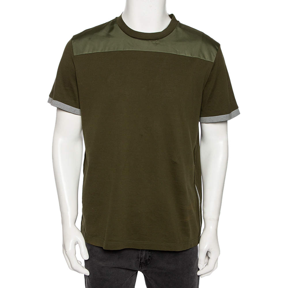 Pre Owned Prada Military Green Cotton Contrast Panel Detail Crew Neck T-Shirt XXL