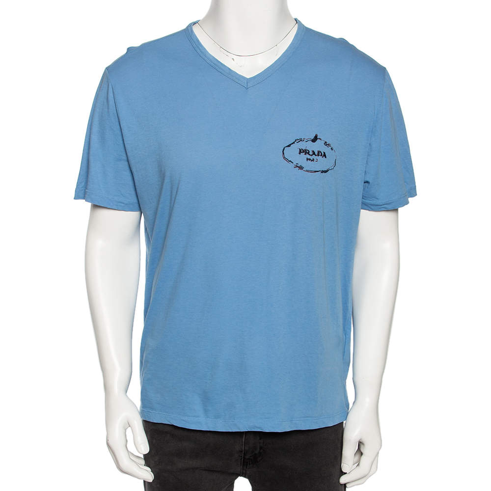 Pre Owned Prada Blue Cotton Embroidered Logo Detail V-Neck T-Shirt XXXL 