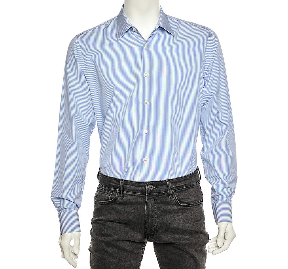Prada Blue Striped Cotton Button Front Shirt XL
