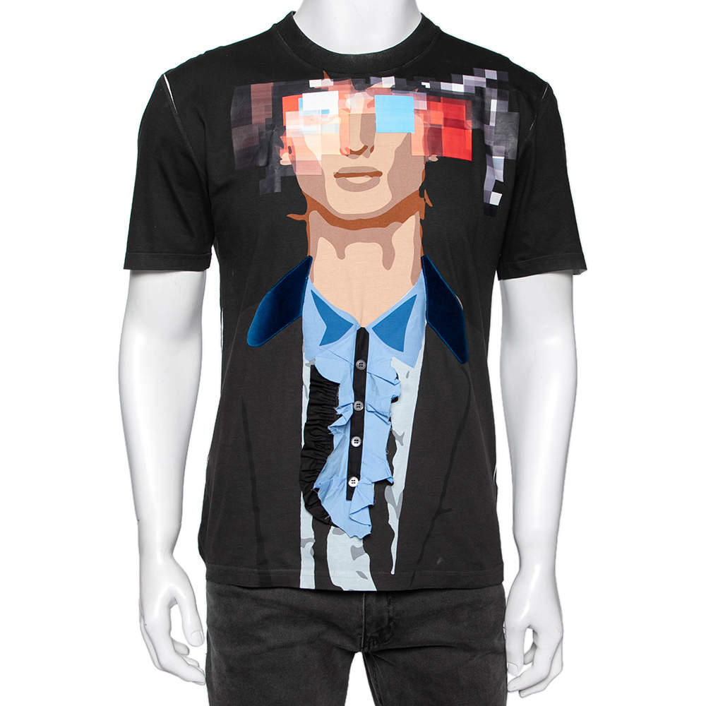 Pre Owned Prada Black Printed & Applique Detailed Cotton Short Sleeve T-Shirt M