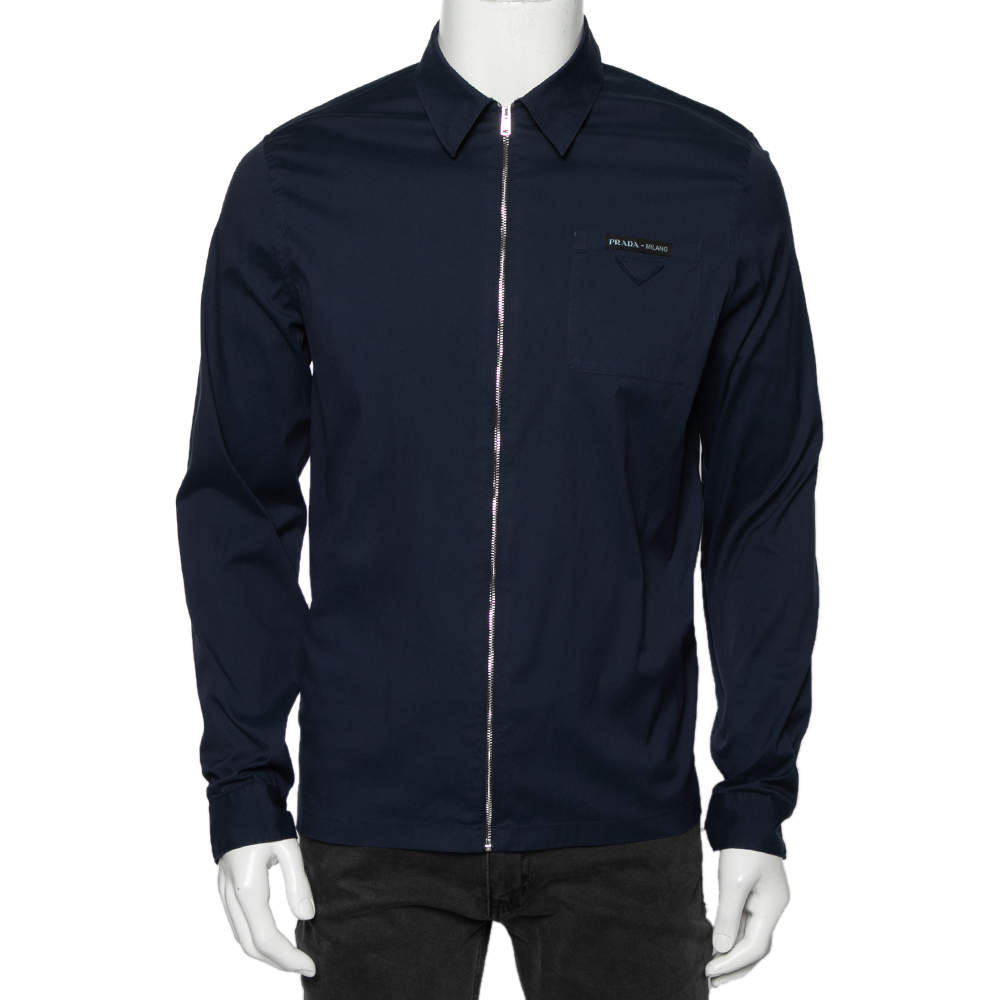 Pre Owned Prada Blue Cotton Front Zip Long Sleeve Shirt M