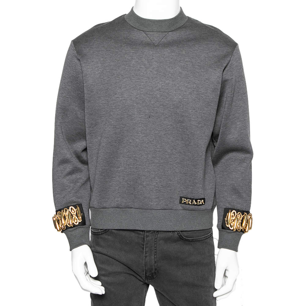 Pre Owned سويت شيرت برادا تريكو قطن رصاصي داكن مزخرف مقاس وسط (ميديوم)