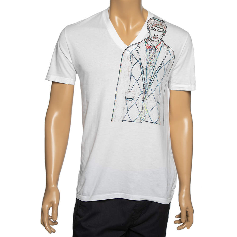 Pre Owned Prada White Man Sketch Print V-Neck Short Sleeve T-Shirt M
