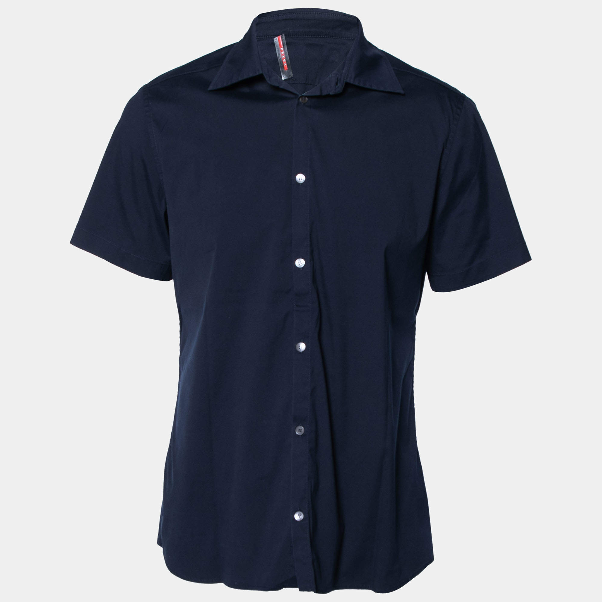 Prada Sport Navy Blue Stretch Cotton Button Front Short Sleeve Shirt L