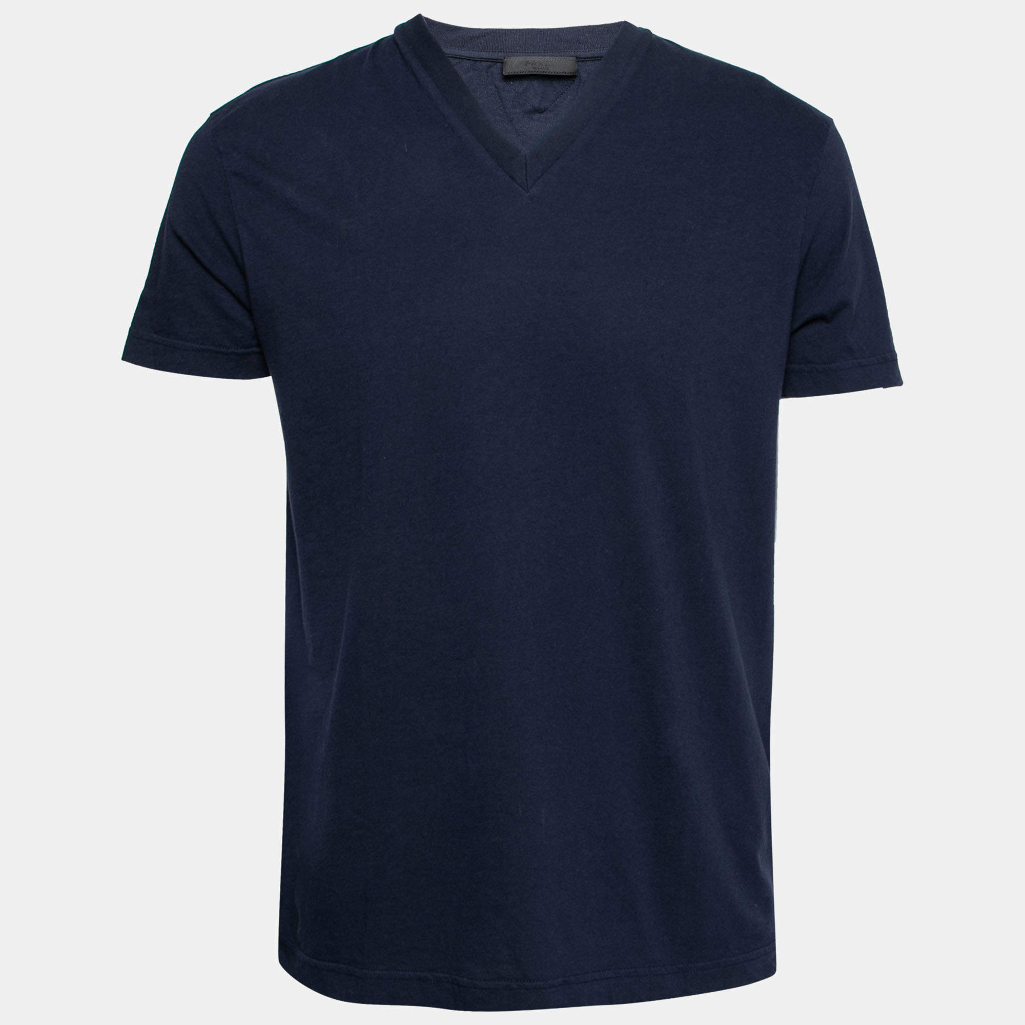 Pre Owned Prada Navy Blue Cotton Short Sleeve V-Neck T-Shirt XL