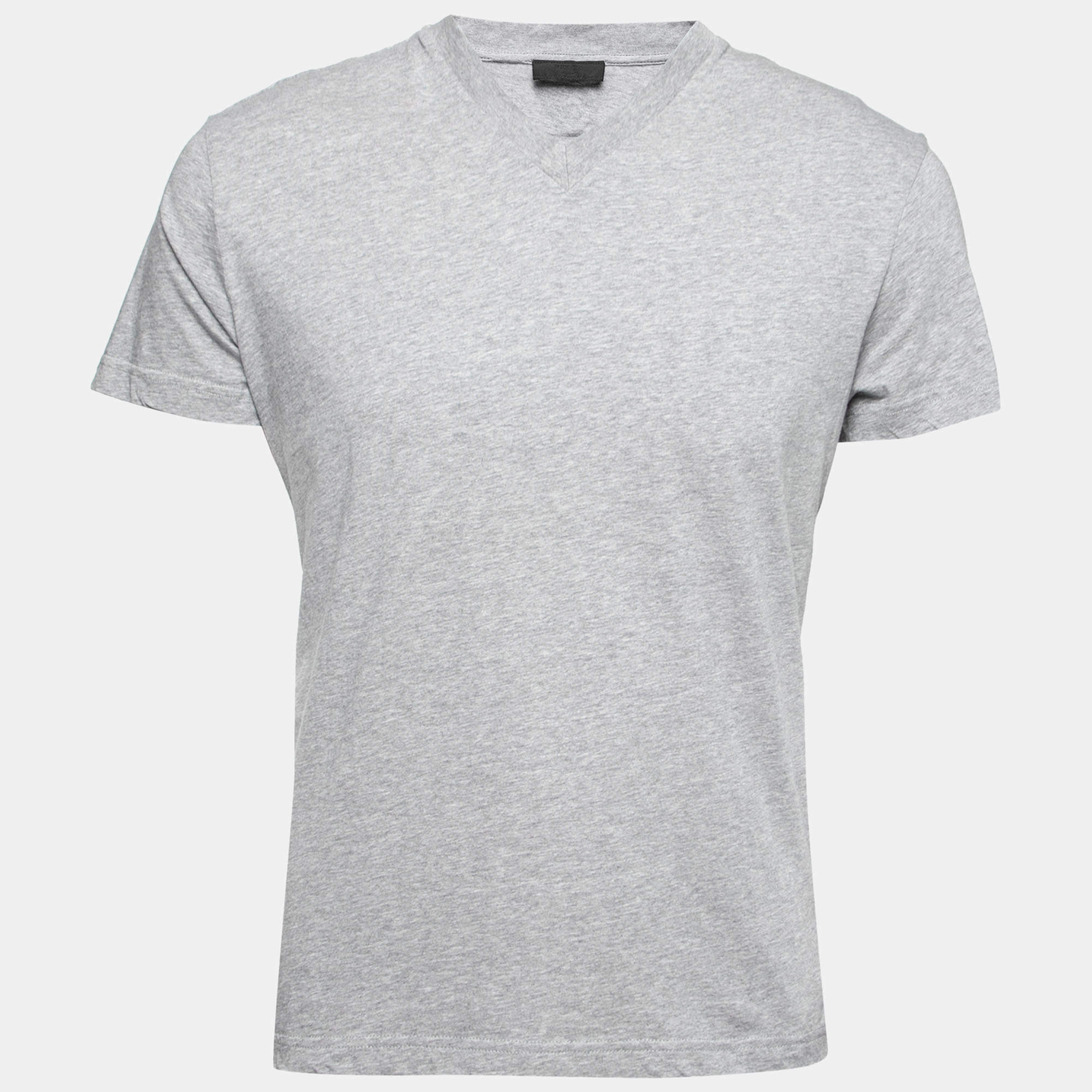 Pre Owned تي شيرت برادا قطن رصاصي بأكمام قصيرة رقبة حرف في مقاس كبير جدًا - إكس لارج