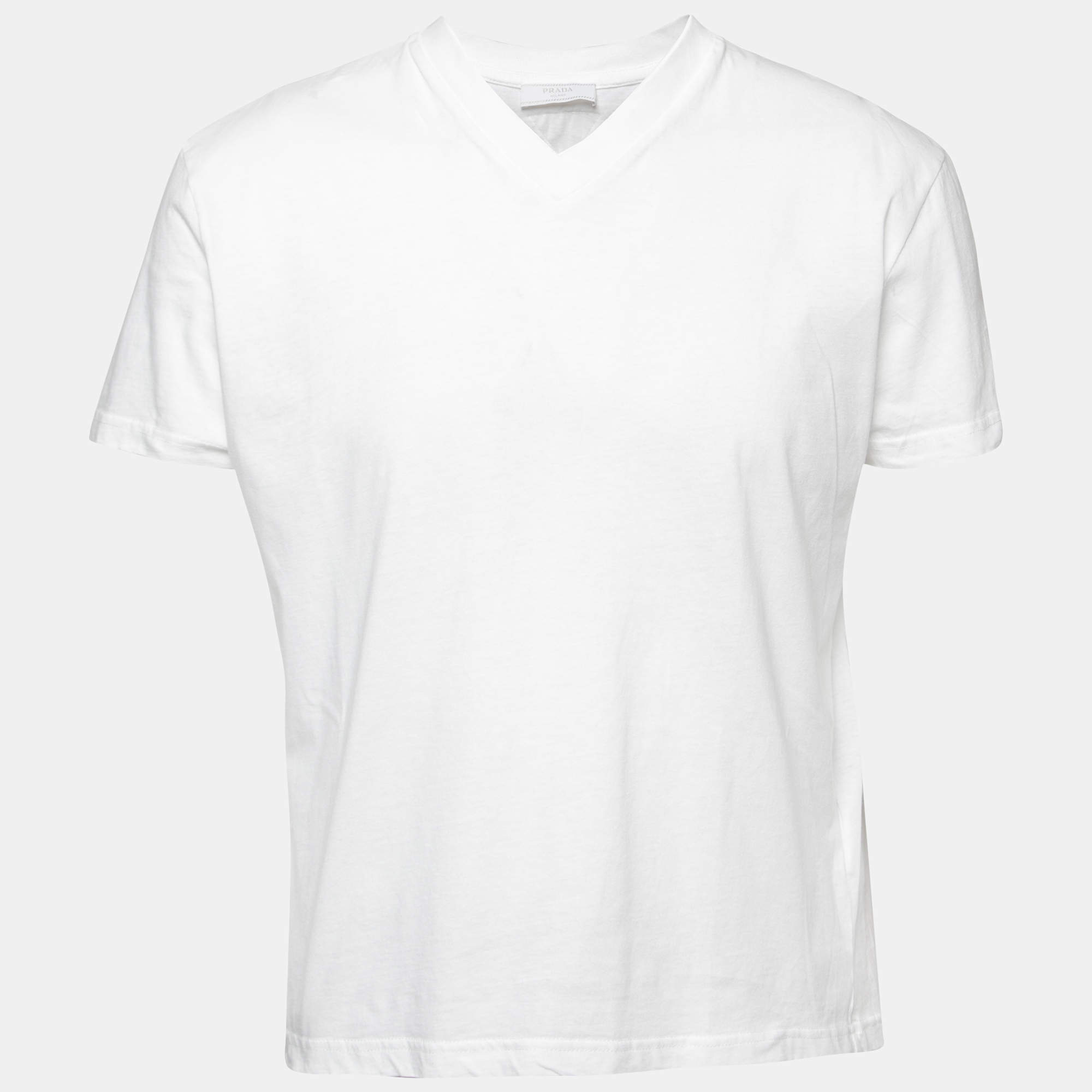 مملوكة مسبقًا Prada White Cotton Short Sleeve V-Neck T-Shirt XL