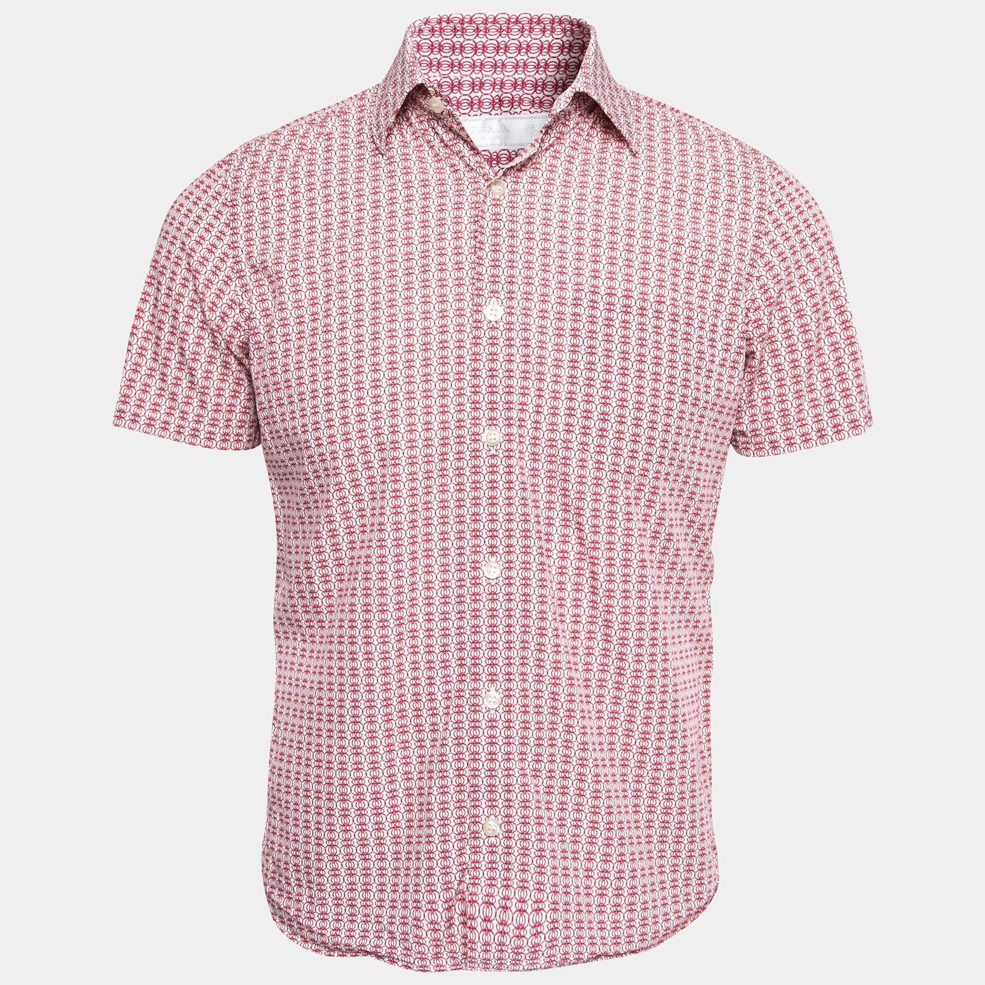 Prada Red Printed Cotton Button Front Short Sleeve Shirt S