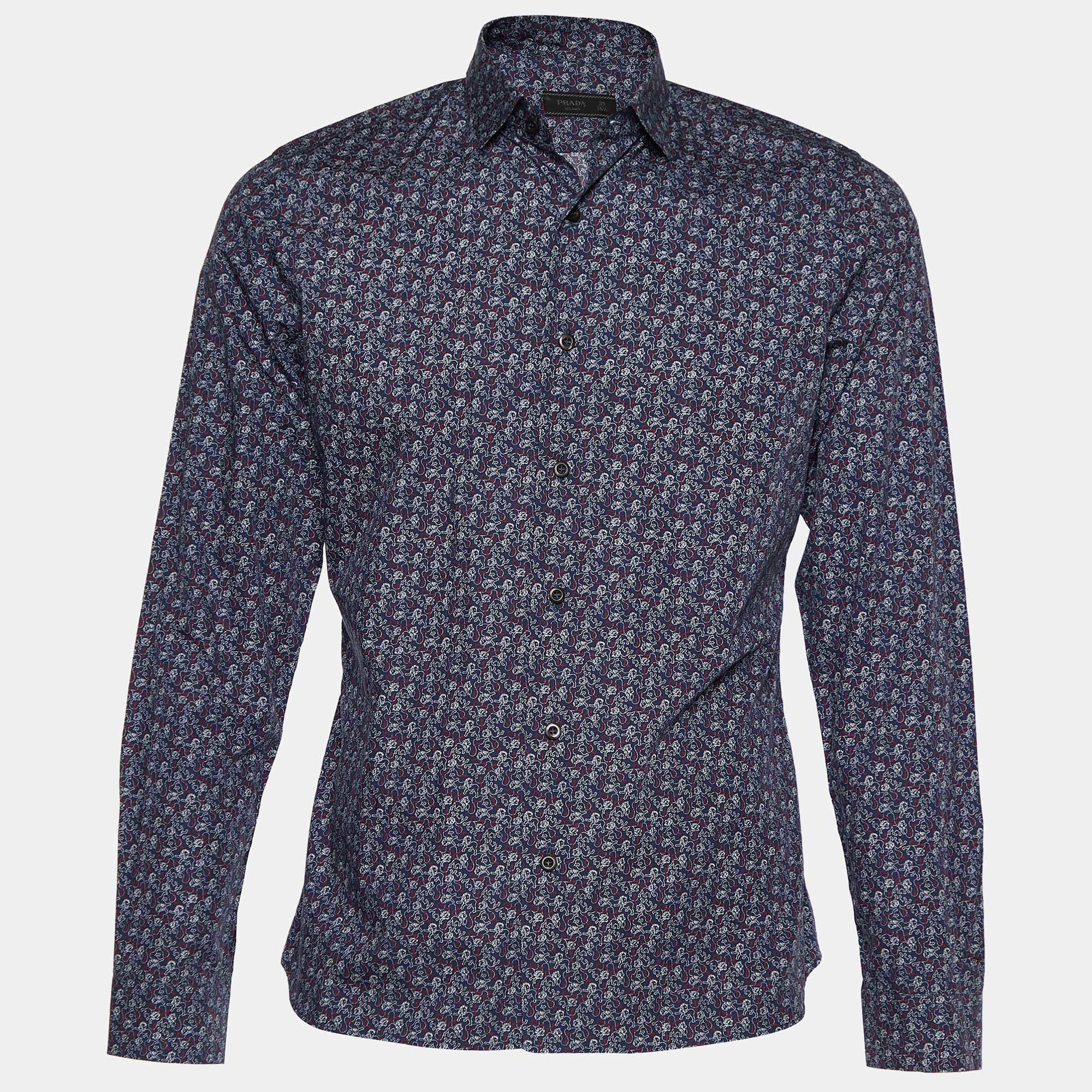 Prada Navy Blue Lion Print Cotton Button Front Shirt M