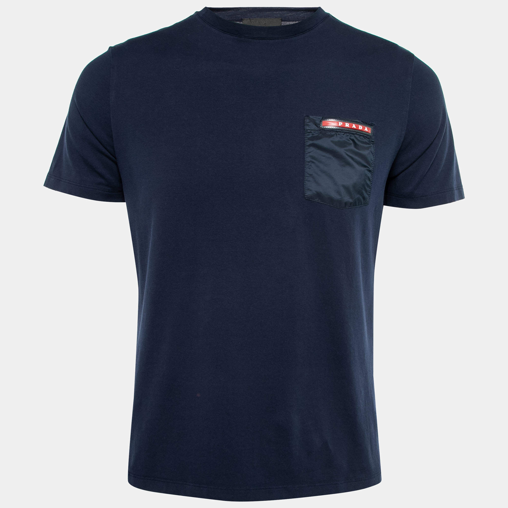 Pre Owned Prada Navy Blue Cotton Rubber Logo Nylon Pocket-Detail T-Shirt M