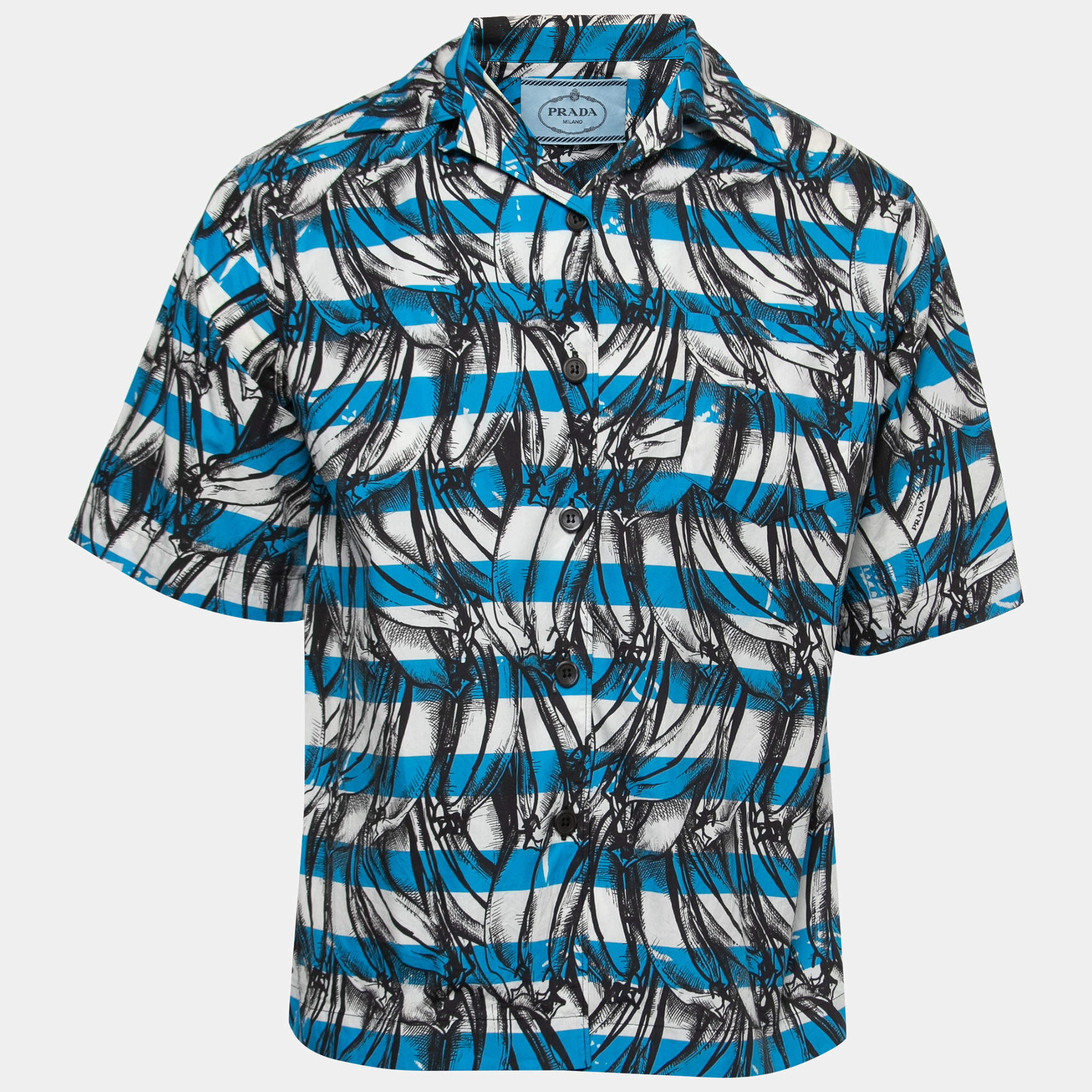 مملوكة مسبقًا Prada Blue Striped Printed Cotton Short Sleeve Shirt S