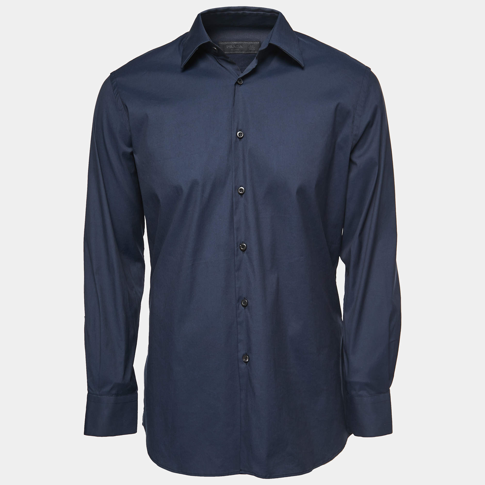 Prada Navy Blue Stretch Cotton Button Front Shirt L