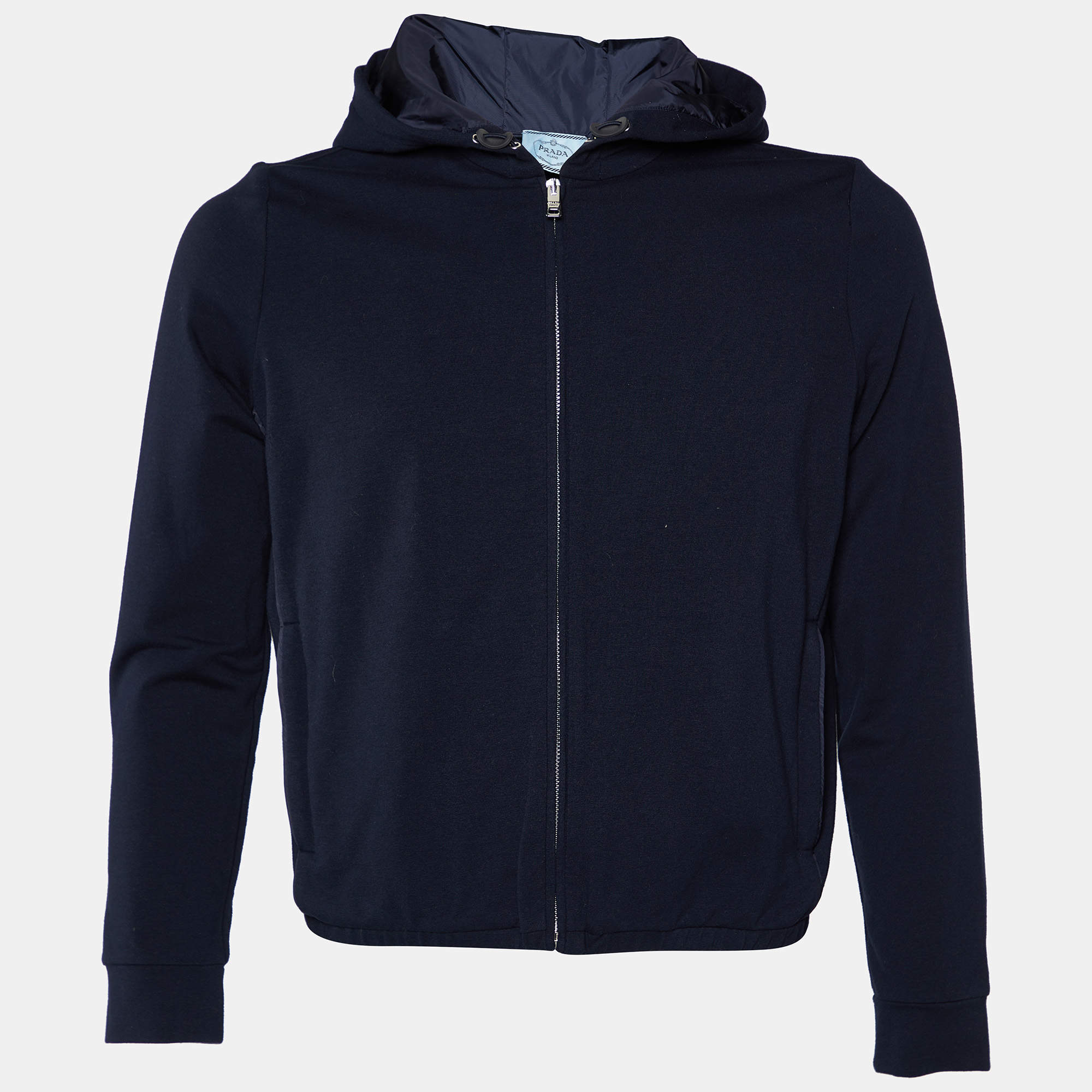 Prada Navy Blue Cotton Knit Hooded Jacket XL