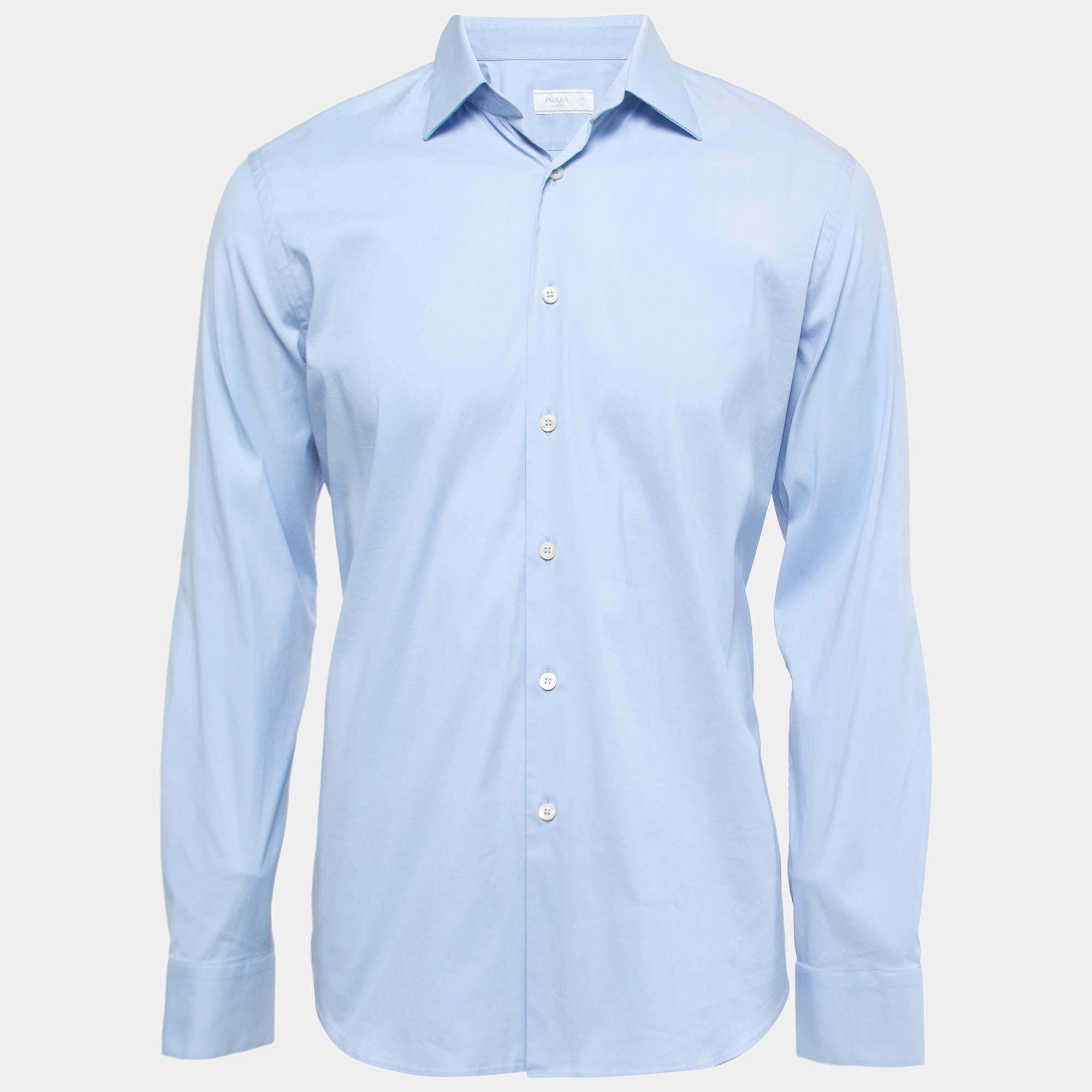 Prada Blue Stretch Cotton Button Front Full Sleeve Shirt L