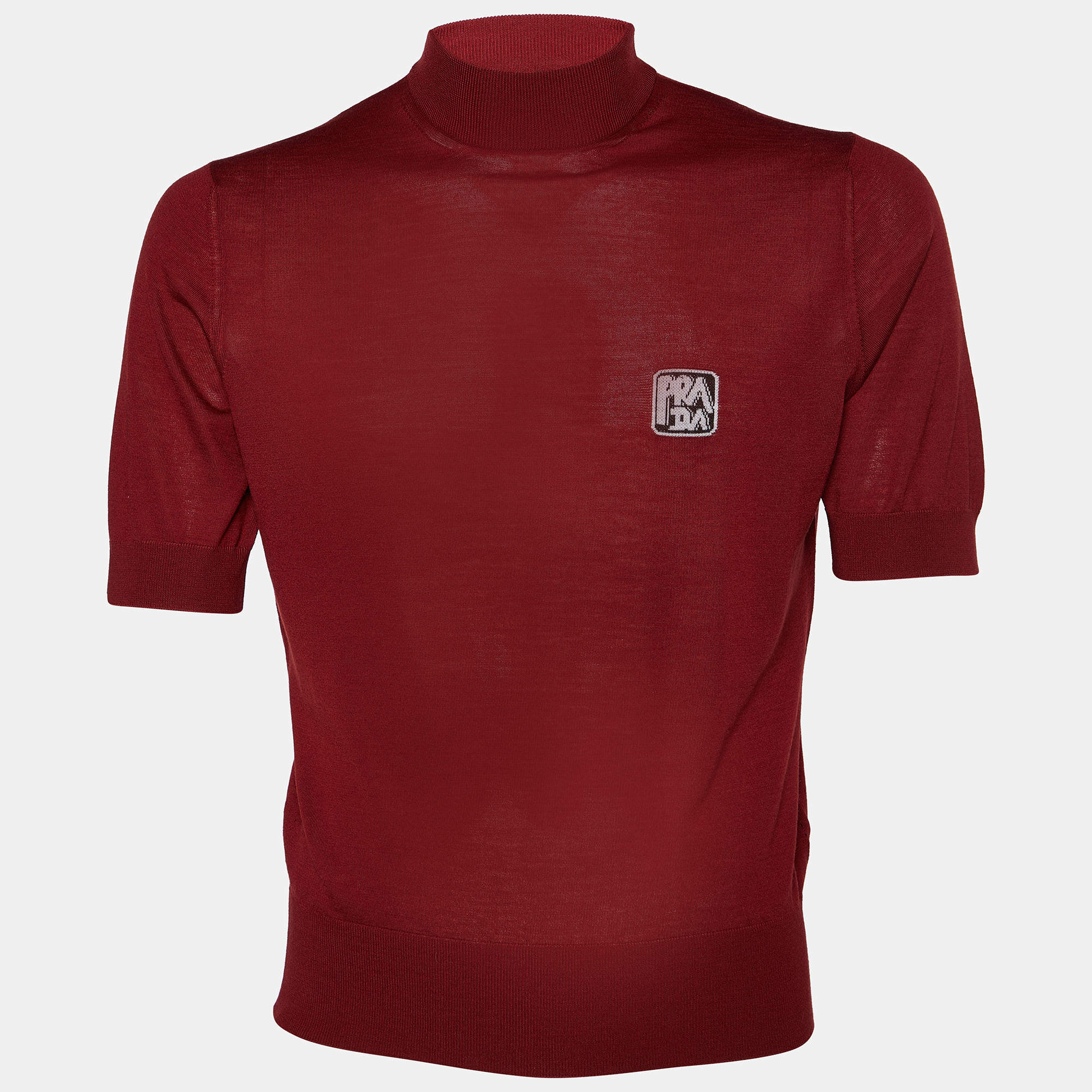 Pre Owned Prada Burgundy Wool Knit Mock Neck Short Sleeve Sweater S