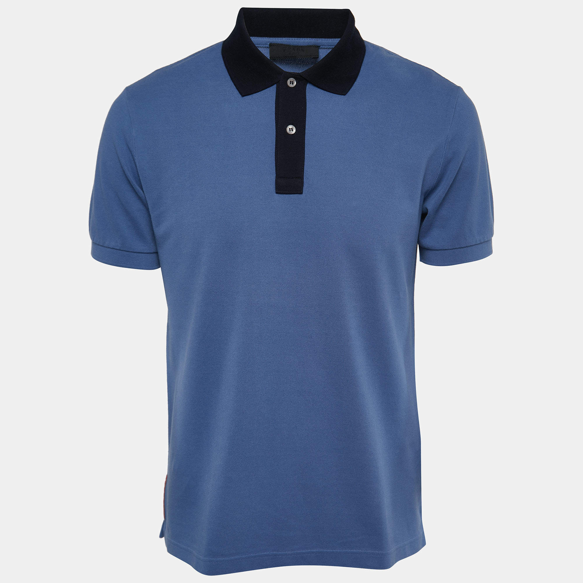 Prada Blue Cotton Pique Contrast Collar Polo T-Shirt L