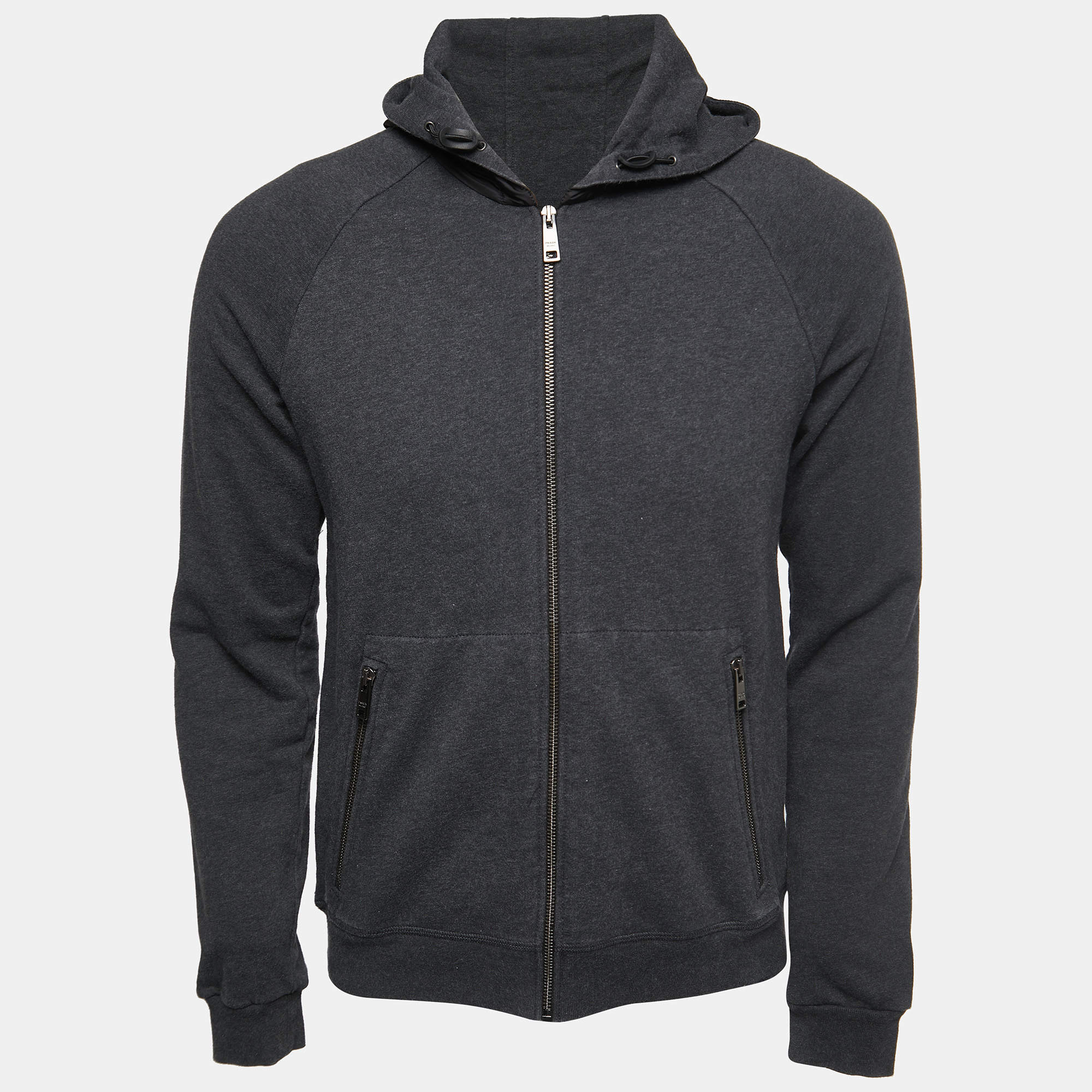 Pre Owned Prada Dark Grey Cotton Knit Zip Front Hooded Jacket M