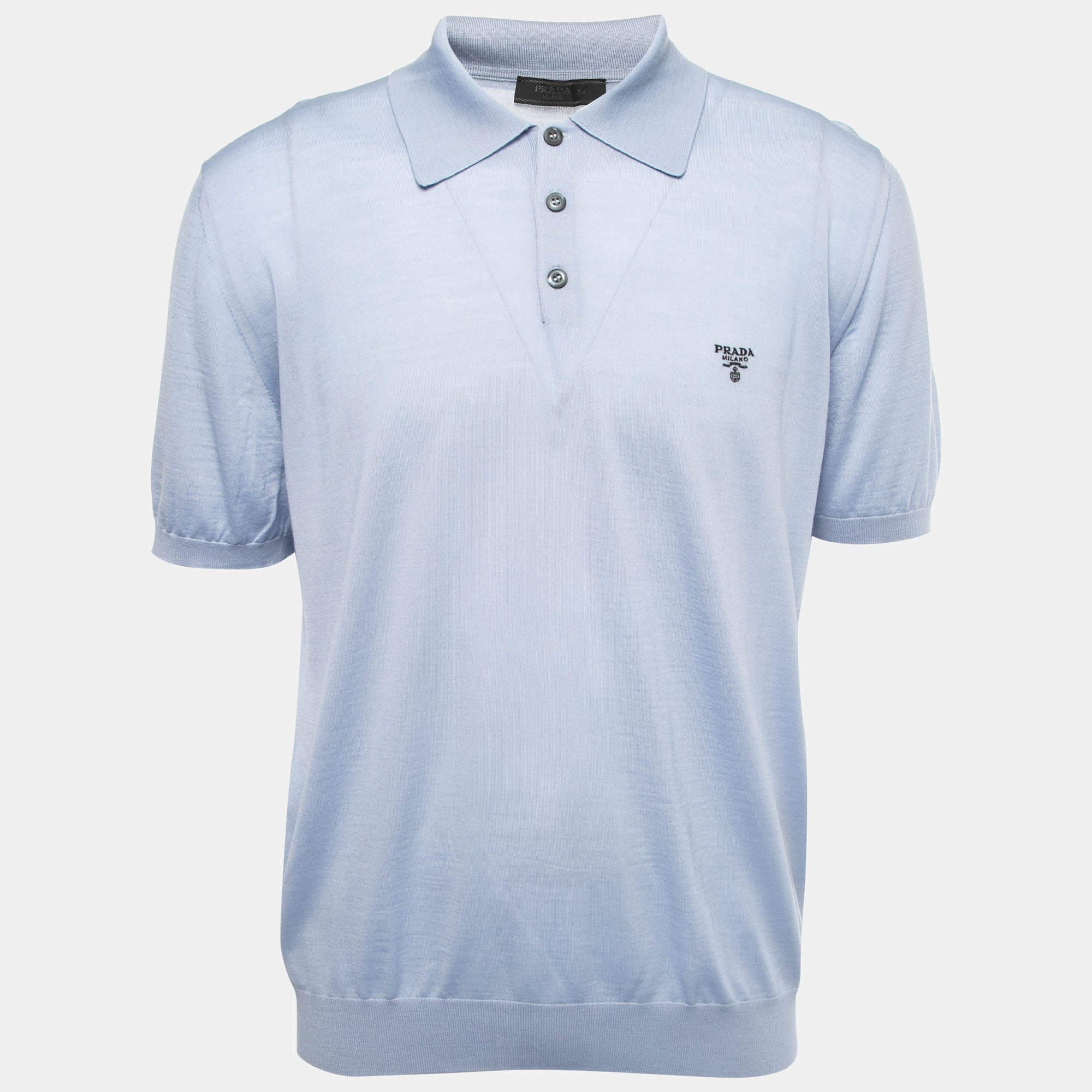 Pre Owned Prada Blue Wool Knit Logo Embroidered Polo T-Shirt XXL