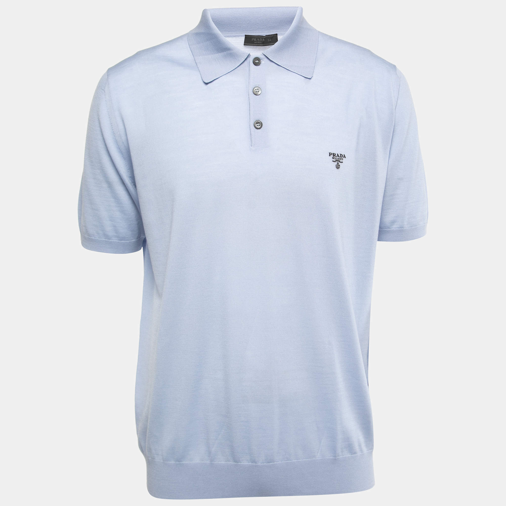 Prada Light Blue Wool Knit Polo T-Shirt 2XL