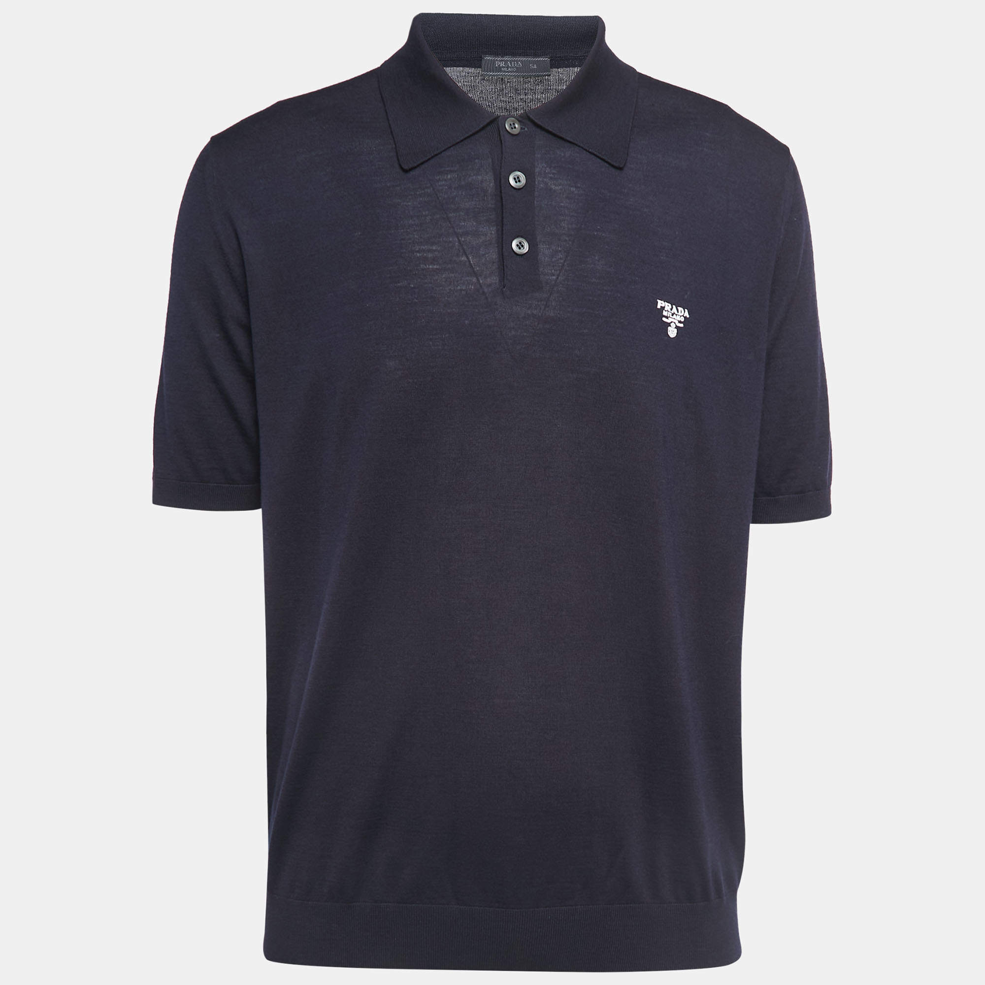 Pre Owned Prada Navy Blue Superfine Wool Knit Logo Embroidered Polo T-Shirt XXL