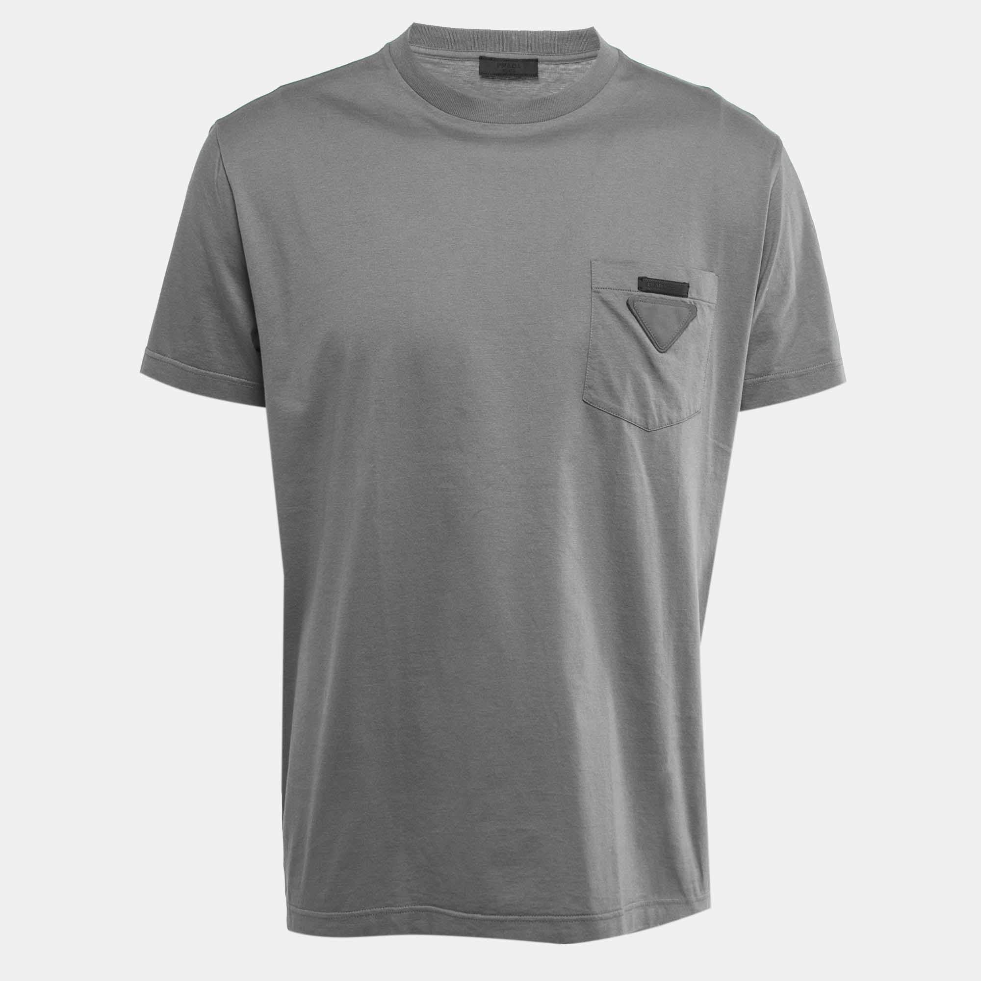 Pre Owned Prada Grey Cotton Pocket Logo Detail Crew Neck Half Sleeve T-Shirt 3XL