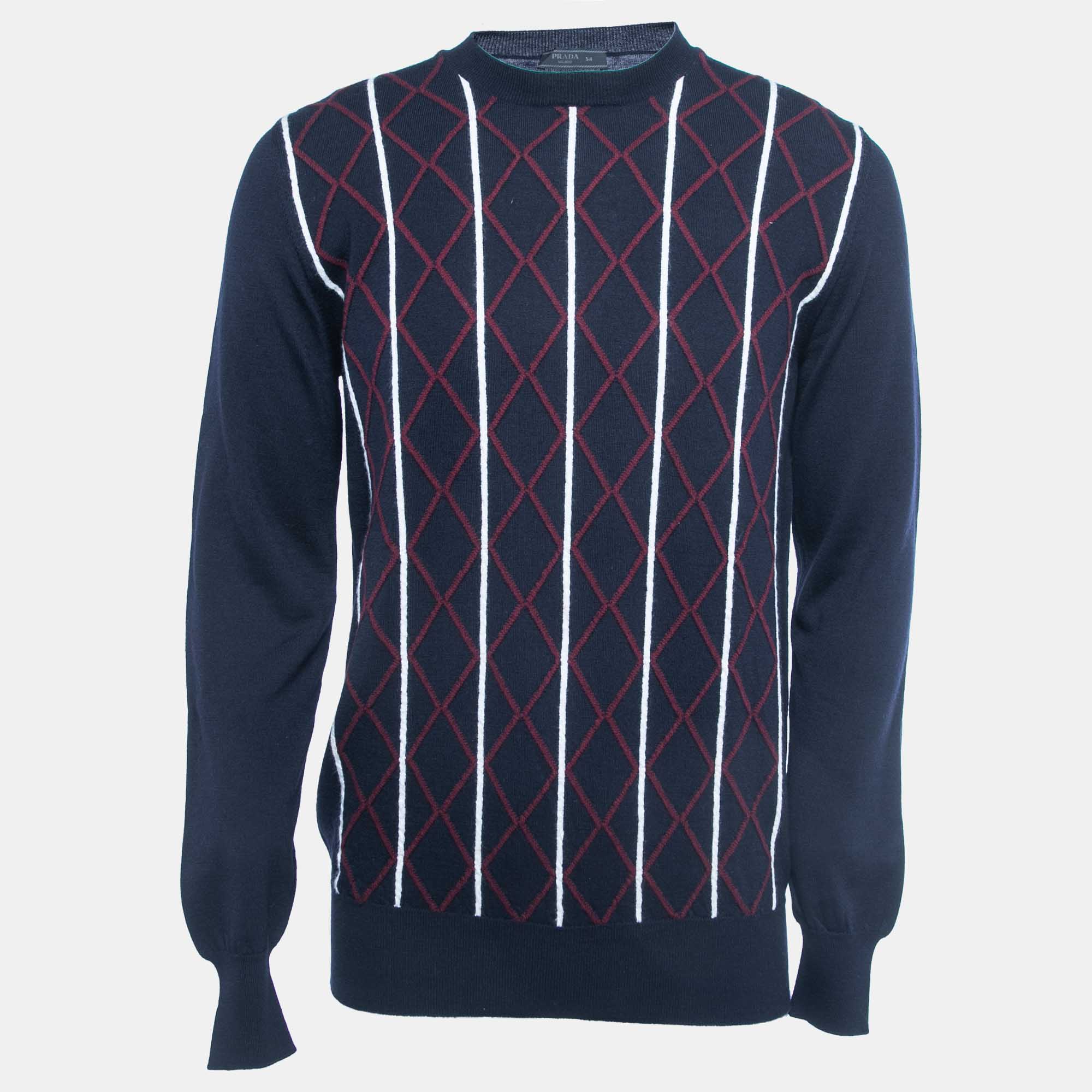 Pre Owned Prada Navy Blue Patterned Wool Crew Neck Pullover XXL
