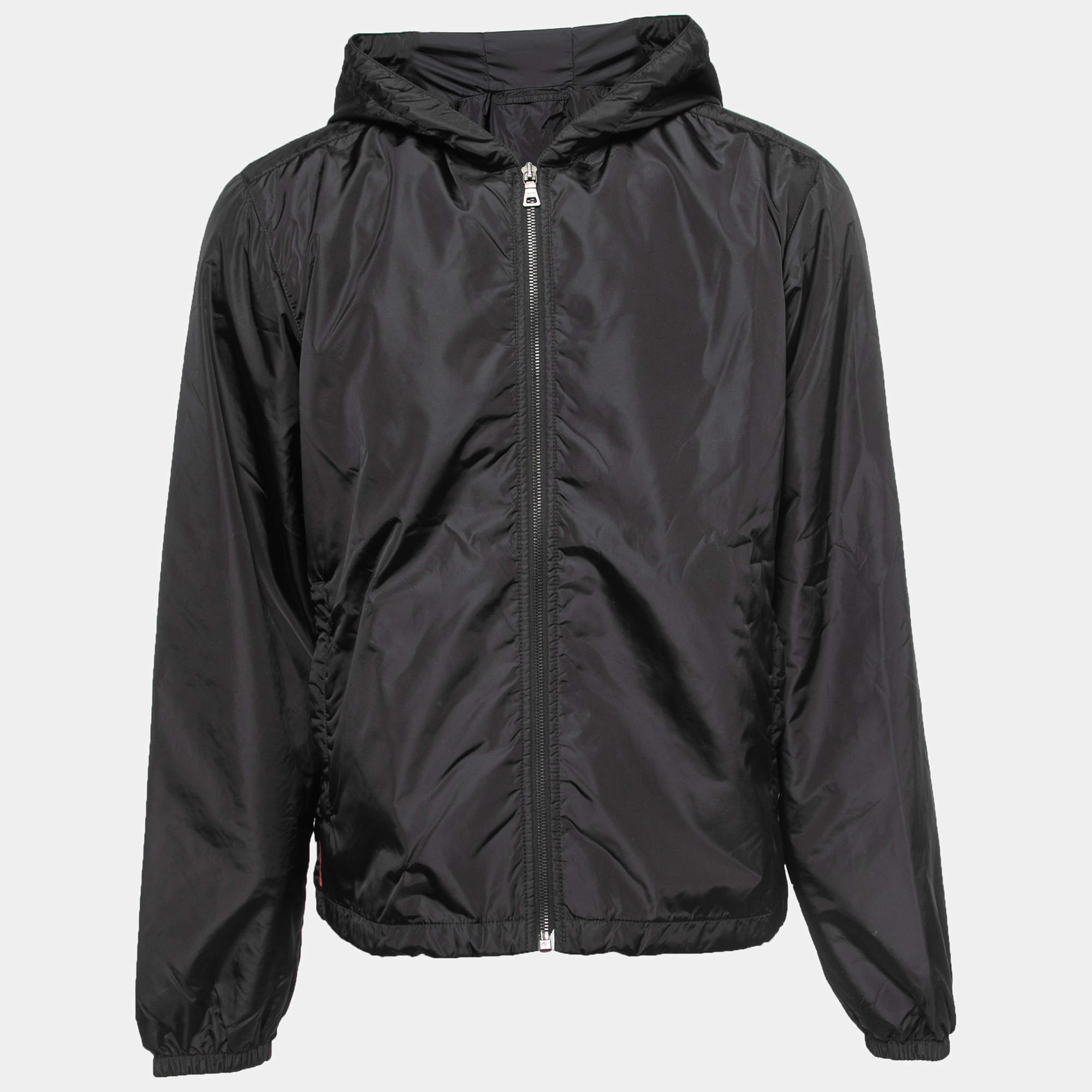 Prada Black Nylon Zip Front Hooded Jacket L