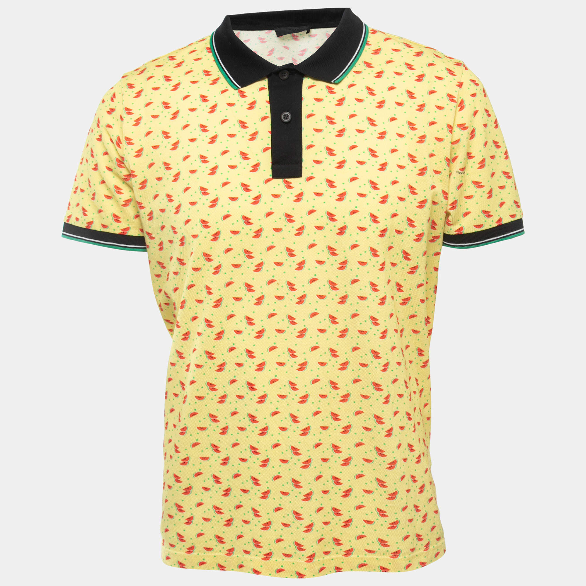 Prada Yellow All-Over Watermelon Print Cotton Pique Polo T-Shirt L