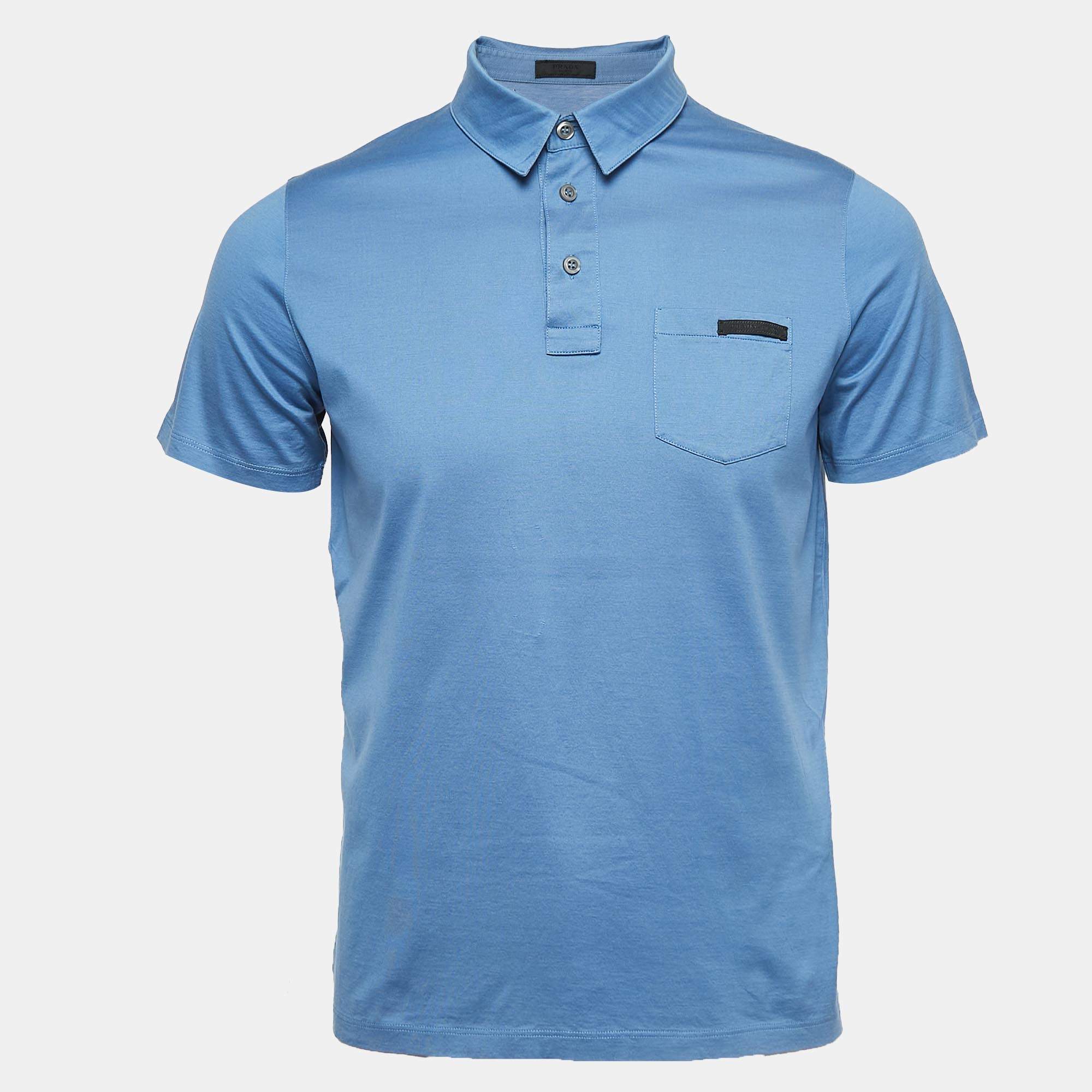Prada Blue Cotton Logo Pocket Detailed Polo T-Shirt M