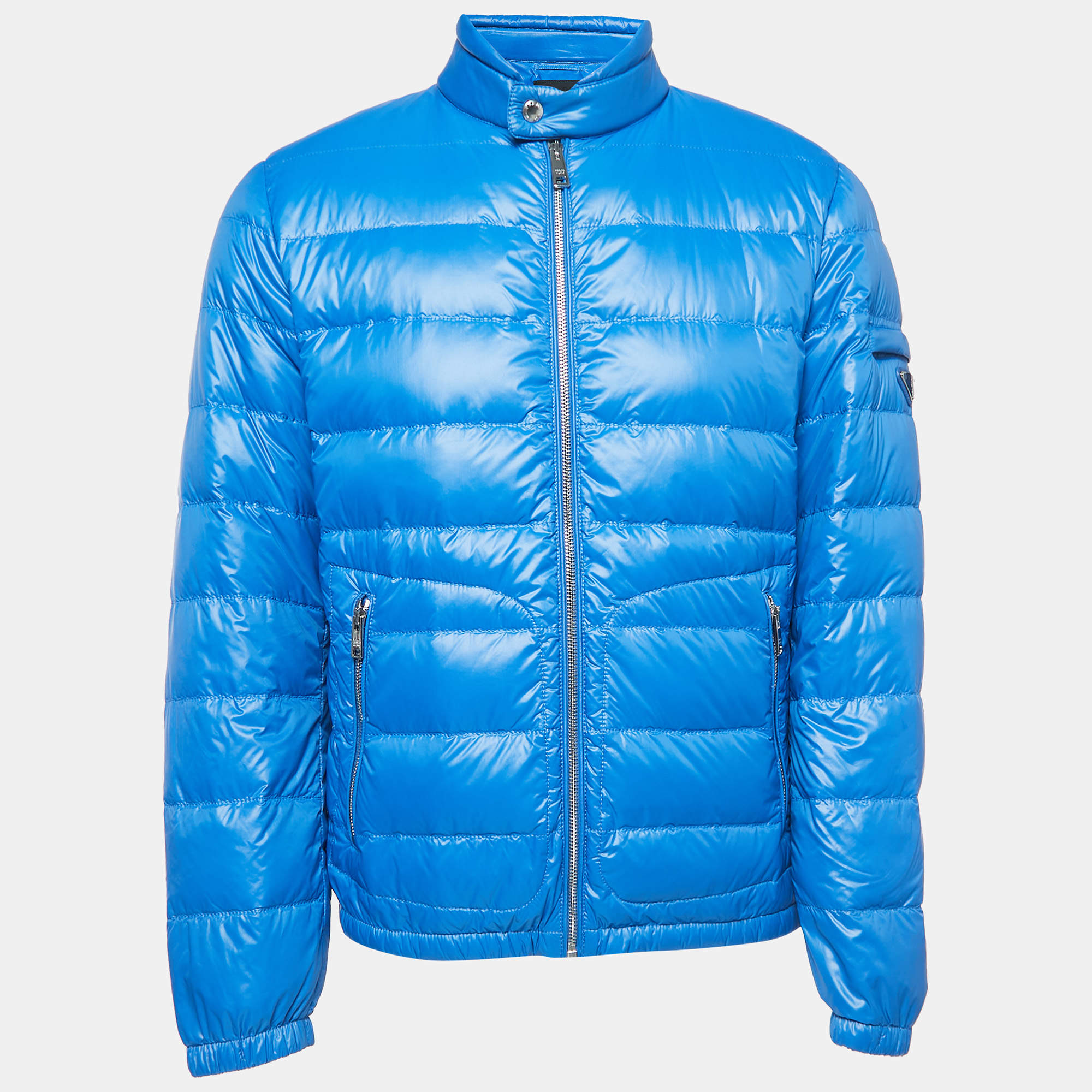 Prada Blue Quilted Nylon Logo Patch Zip Front Down Jacket L