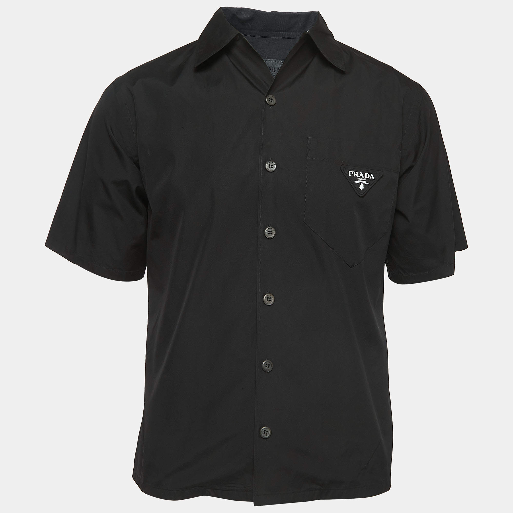 Pre Owned Prada Black Cotton Pocket Detail Short Sleeve Shirt M
