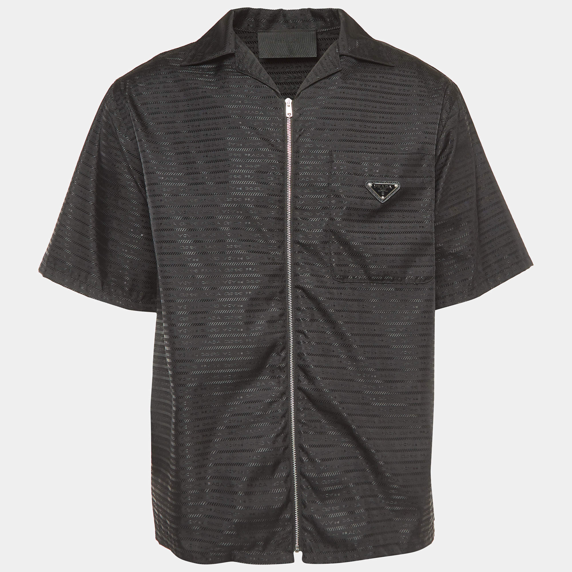 Pre Owned Prada Black Re-Nylon Logo Plaque Bowling Shirt M