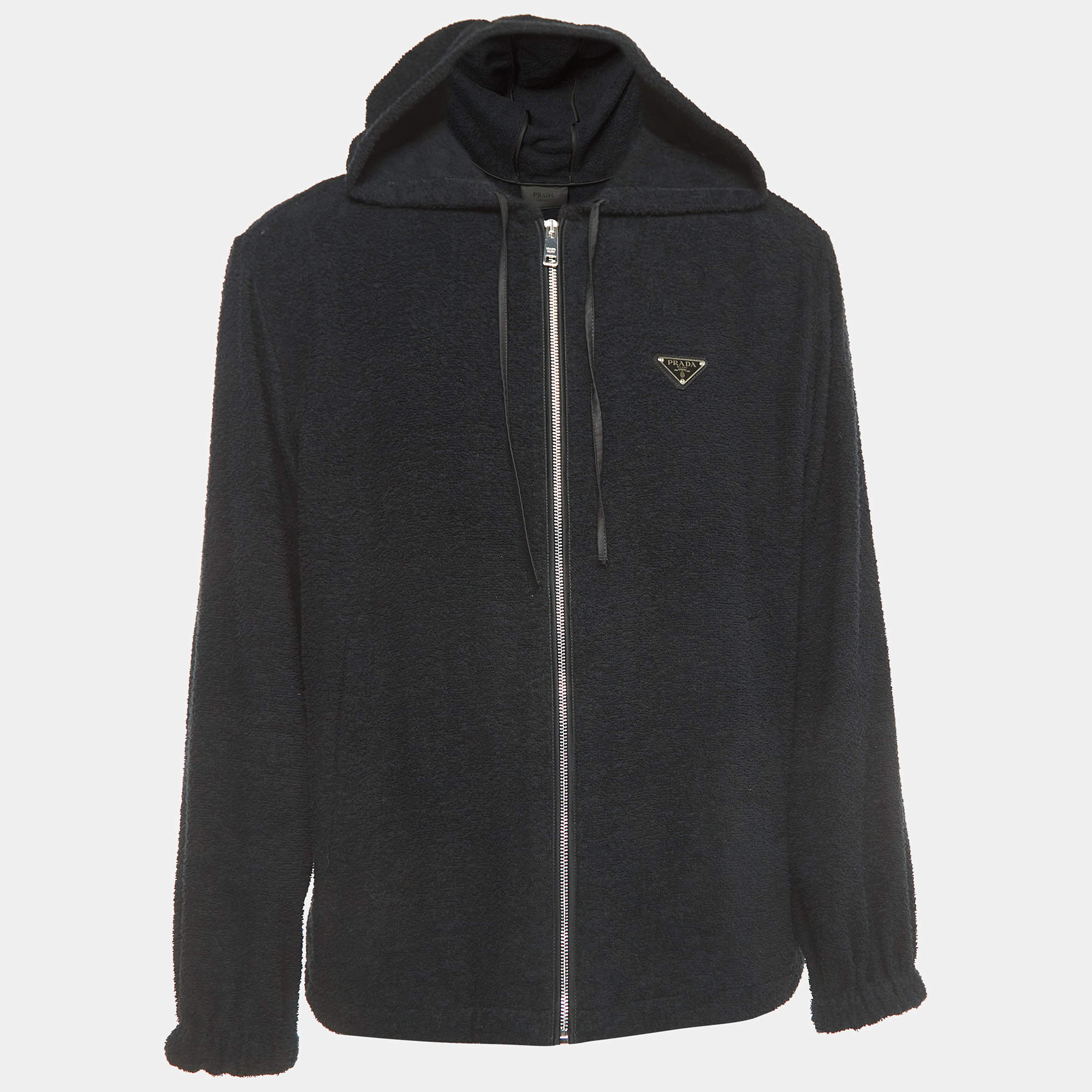 Prada Black Terry Cotton Logo Plaque Hooded Jacket L