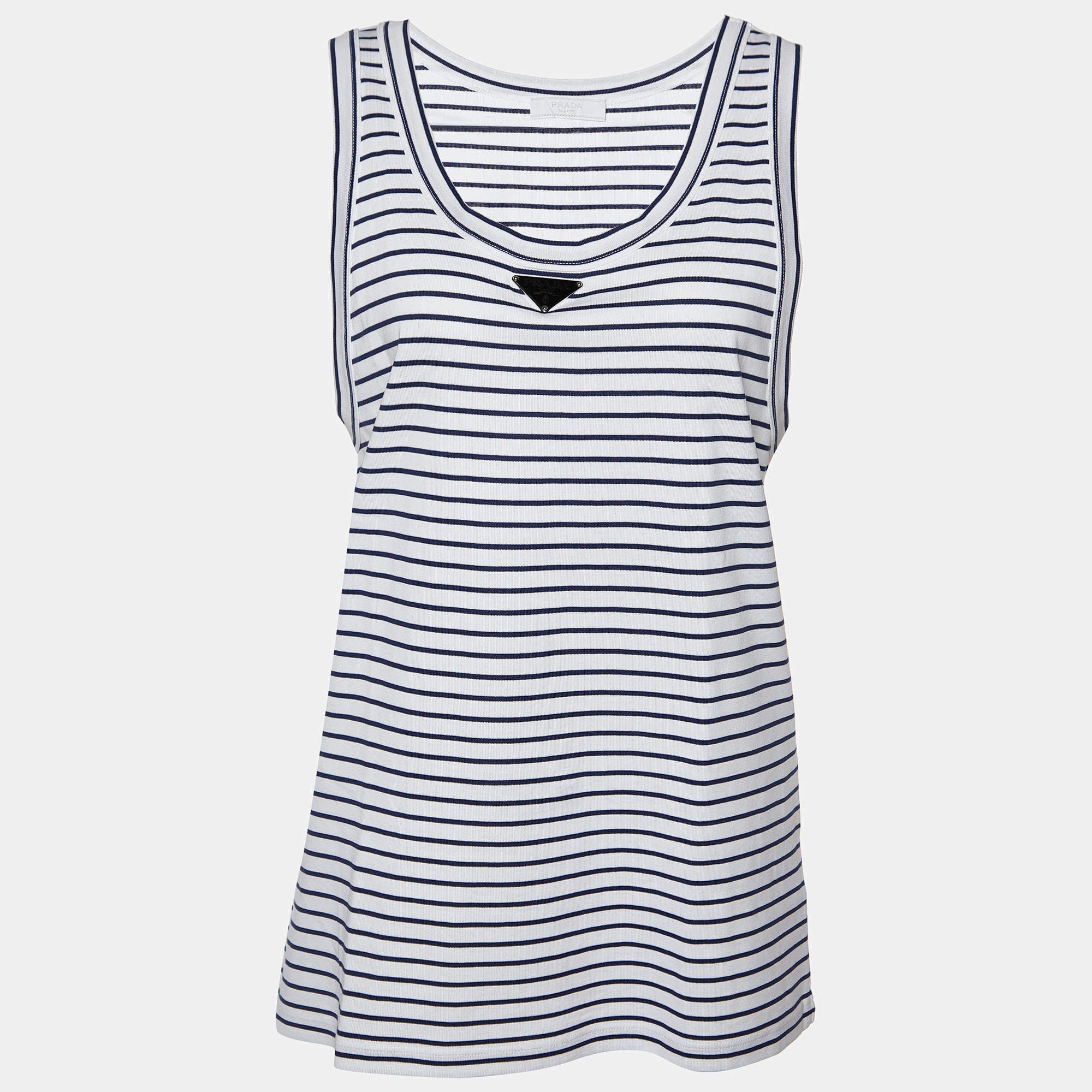 Pre Owned Prada White/Blue Striped Cotton Logo Detail Sleeveless T-Shirt XL