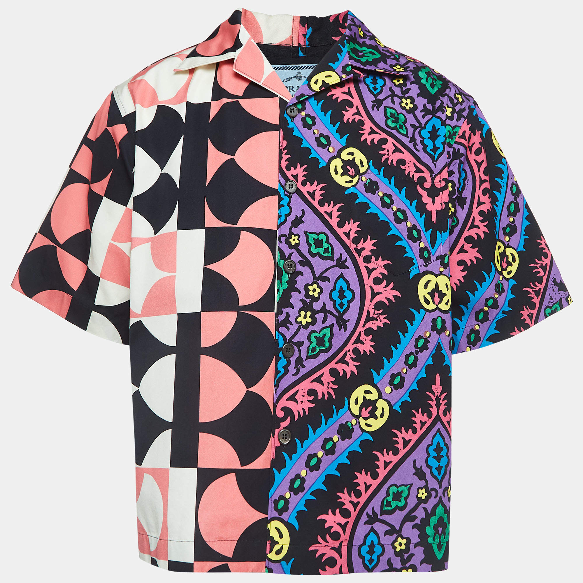 Prada Double Match Multicolor Printed Cotton Short Sleeve Shirt L 