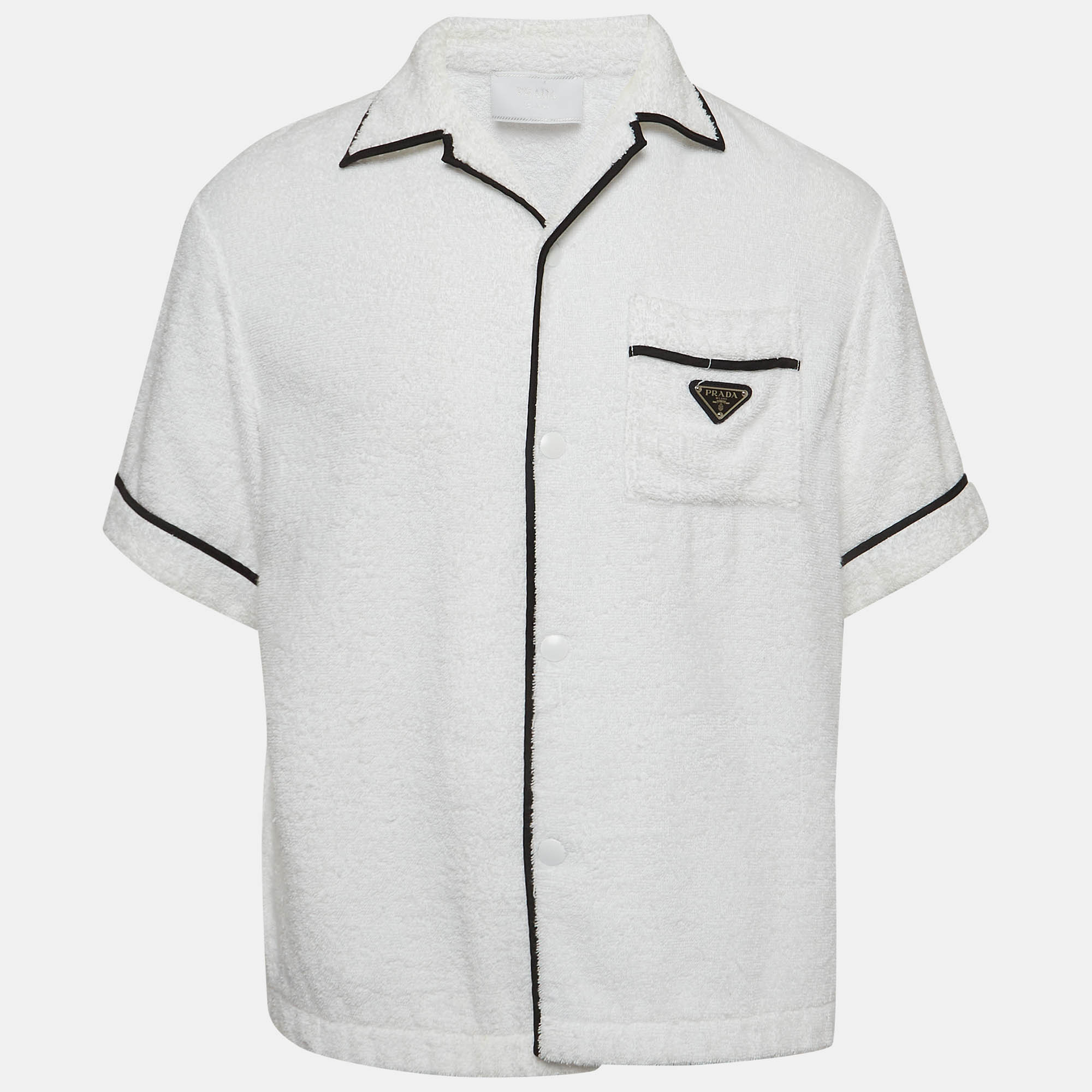 Prada White Terry Cotton Logo Detail Bowling Shirt L