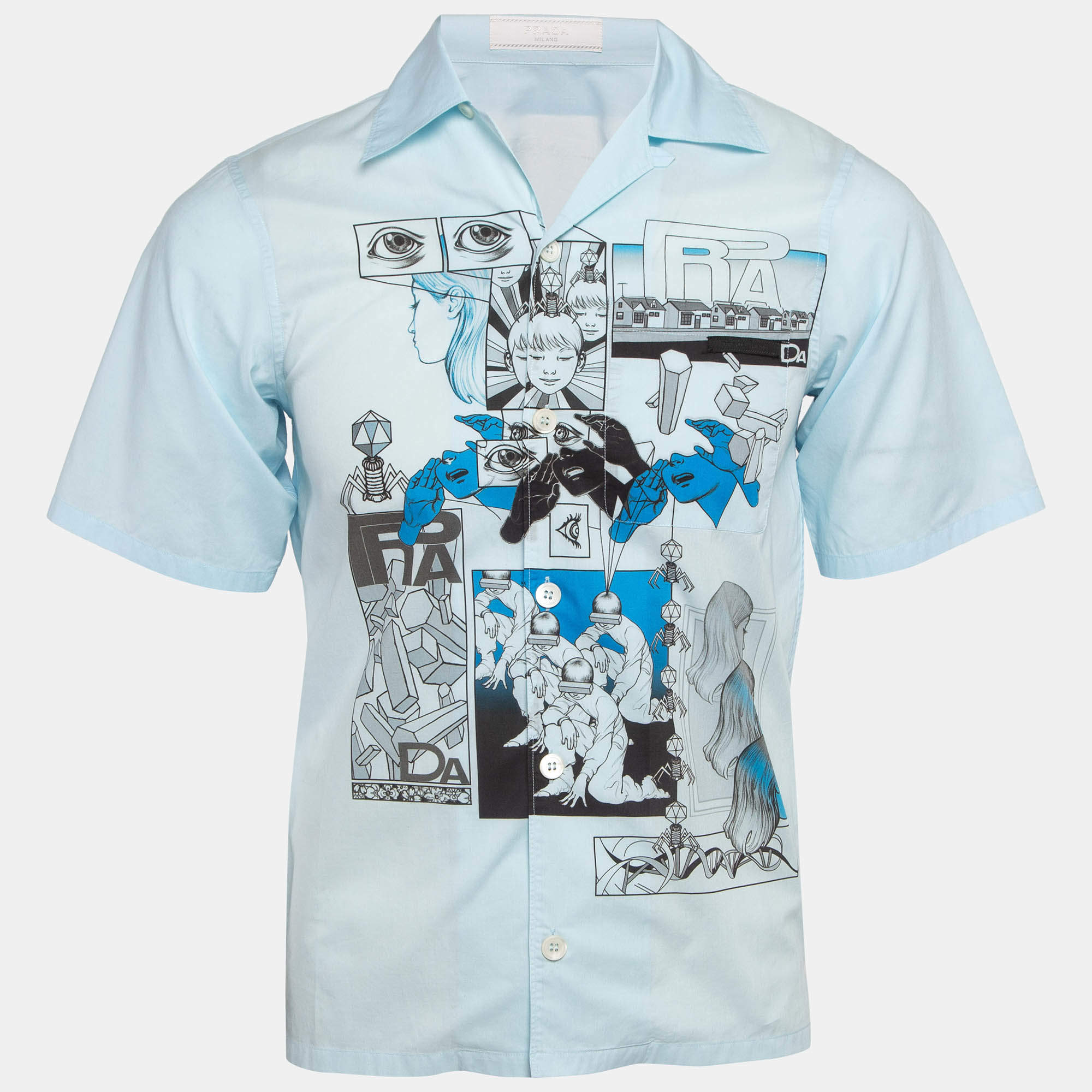 Prada Blue Comic Print Cotton Short Sleeve Shirt XS Prada TLC