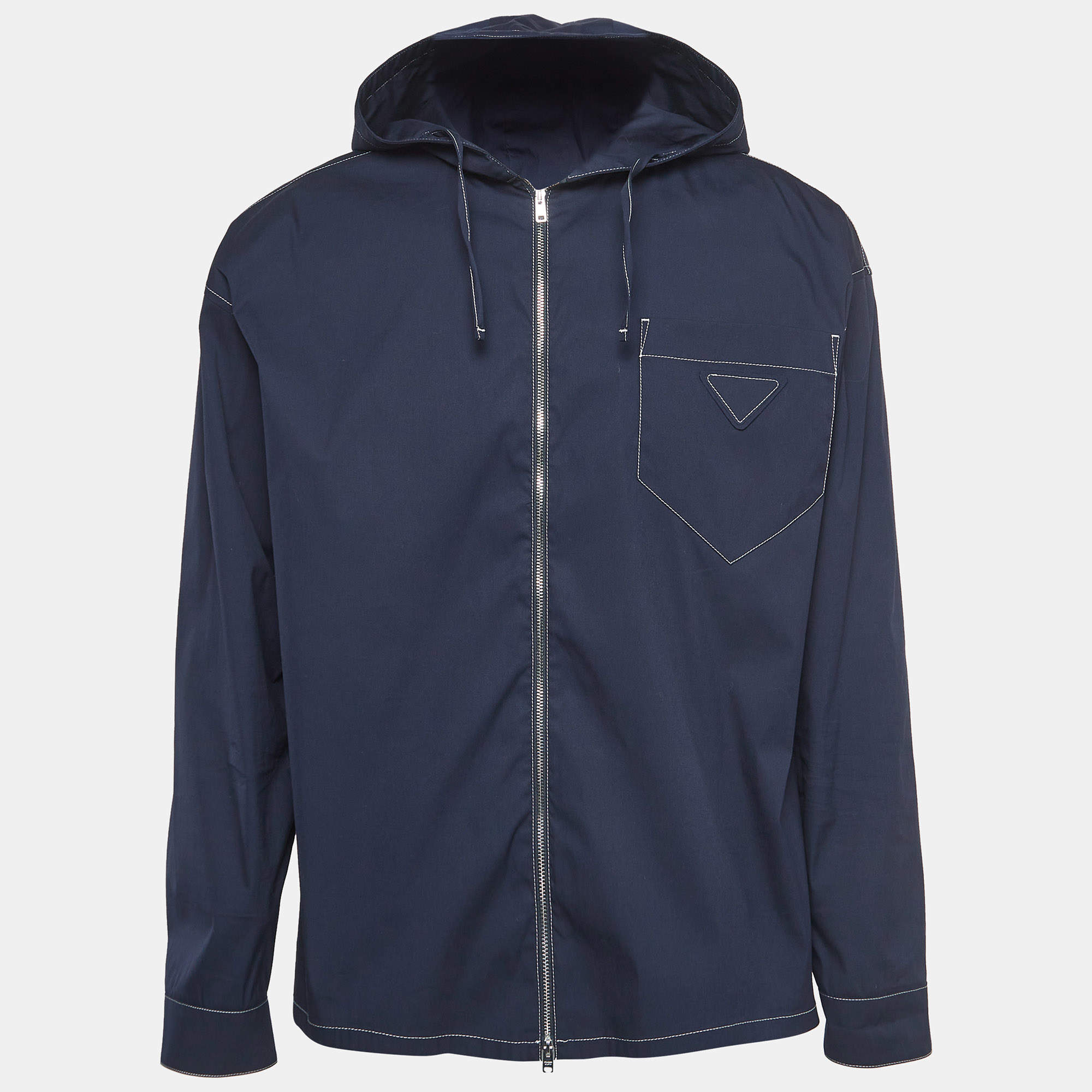 Pre Owned Prada Navy Blue Stretch Cotton Hooded Shirt XS