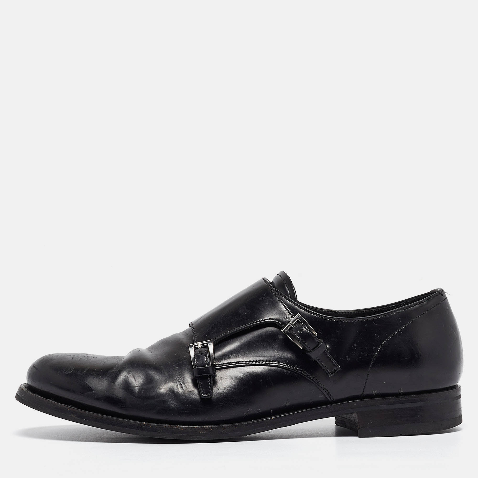 Prada Black Leather Double Monk Oxford Size 44