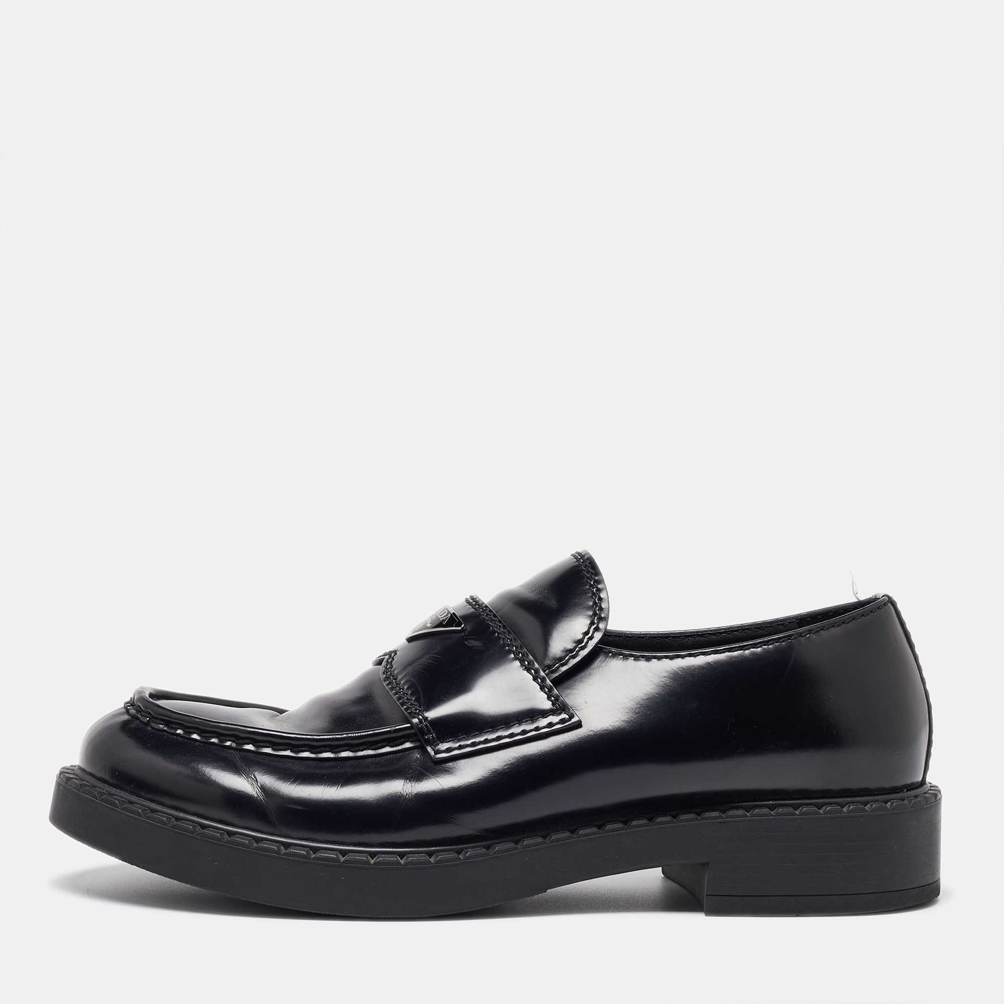 Prada Black Brushed Leather Slip On Loafers Size 44