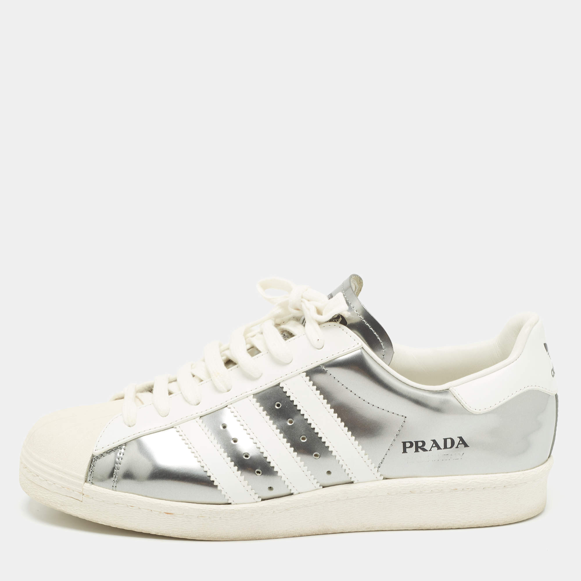 Pre Owned Prada x Adidas White/Silver Leather Superstar Sneakers Size 42 2/3