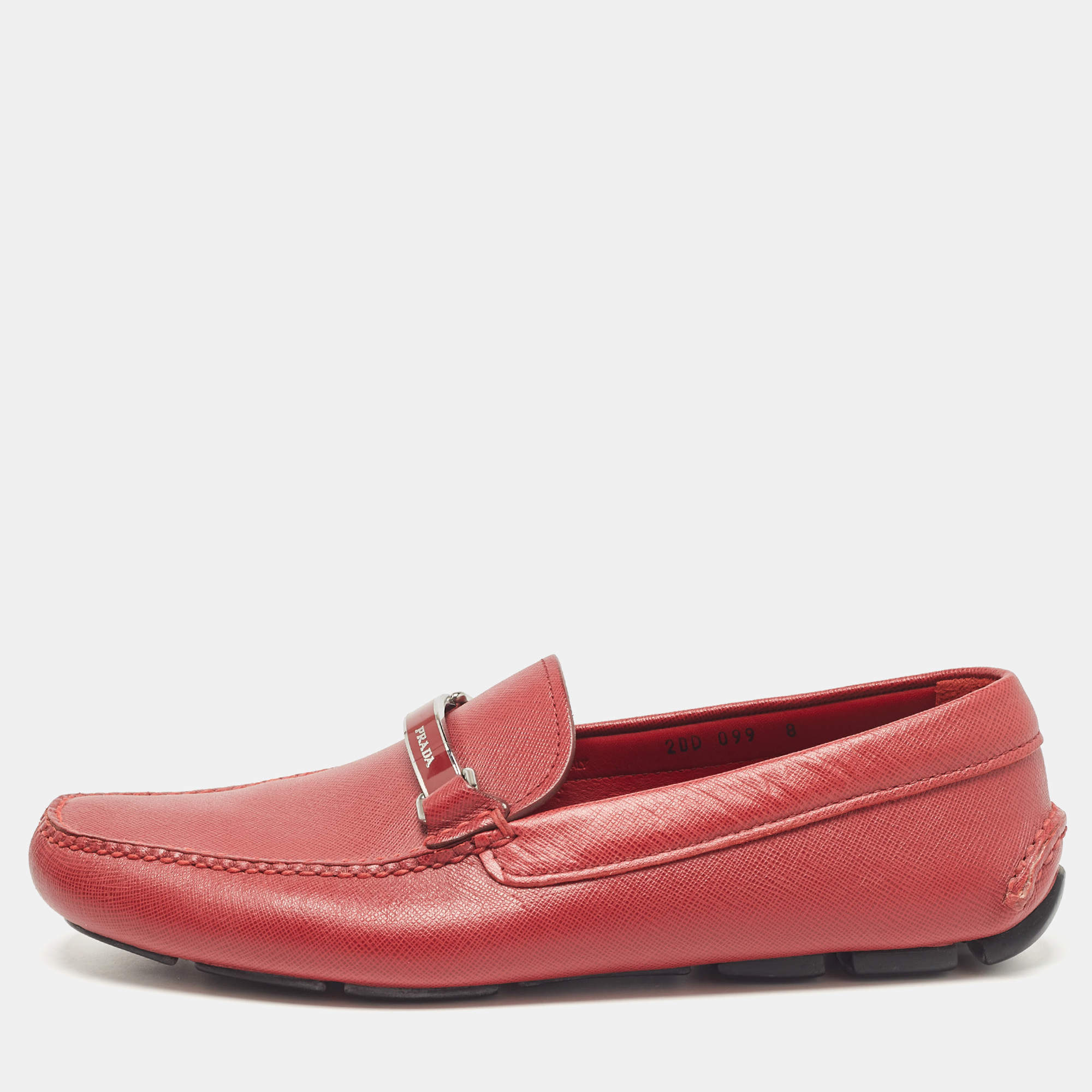Pre Owned Prada Dark Red Leather Buckle Loafers Size 42