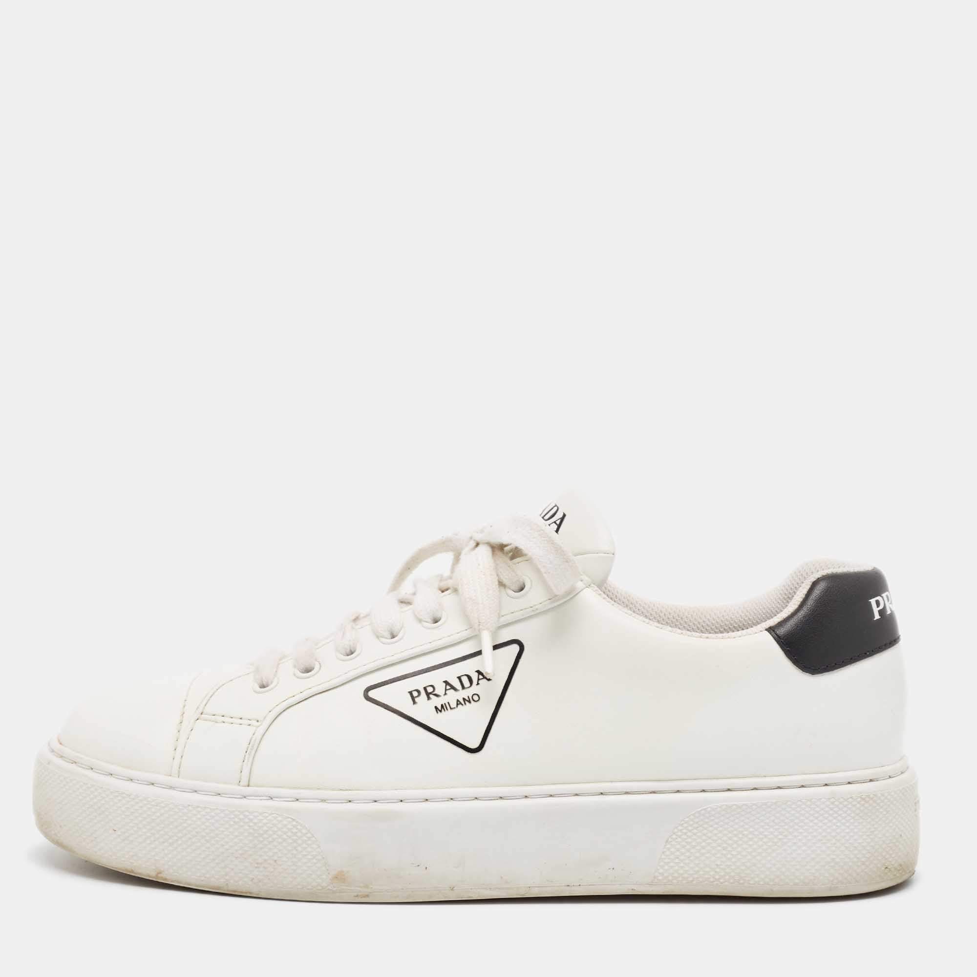 Prada White Leather Low Top Sneakers Size 45.5