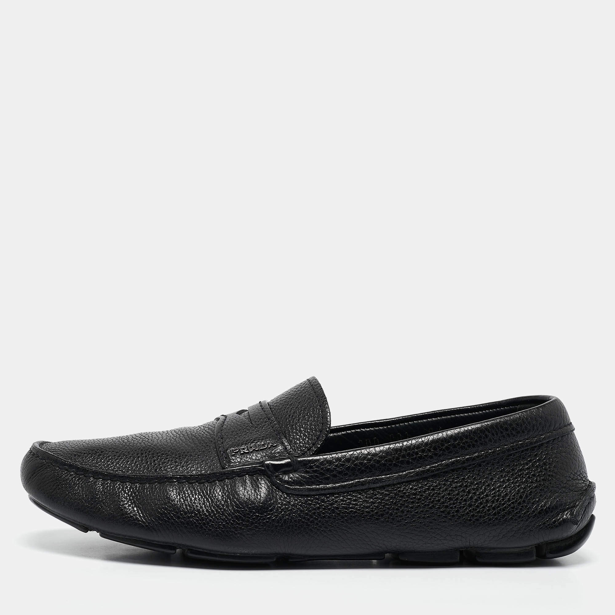 Prada Black Leather Penny Slip On Loafers Size 43.5