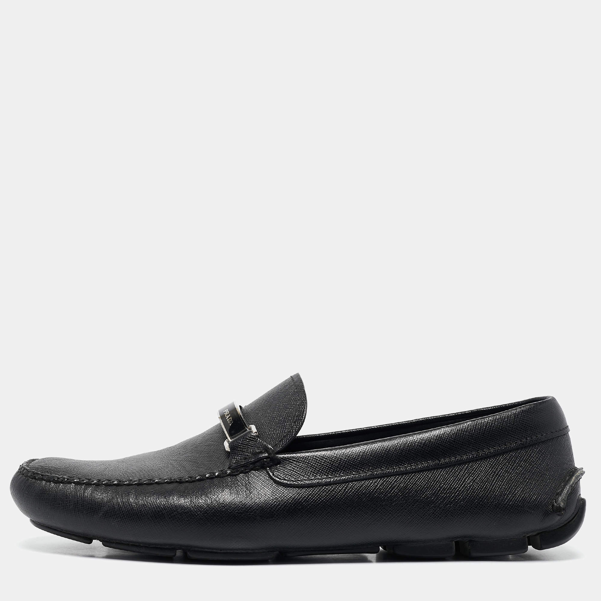 Prada Black Leather Slip On Loafers Size 43