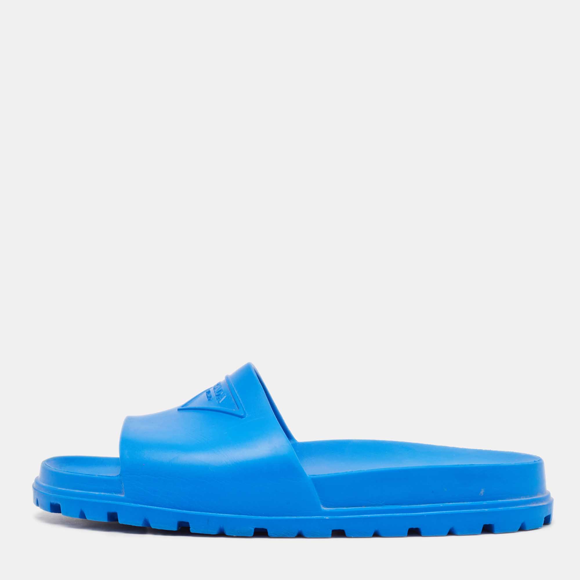 Prada Blue Rubber Triangle Logo Soft Pool Slides Size 42