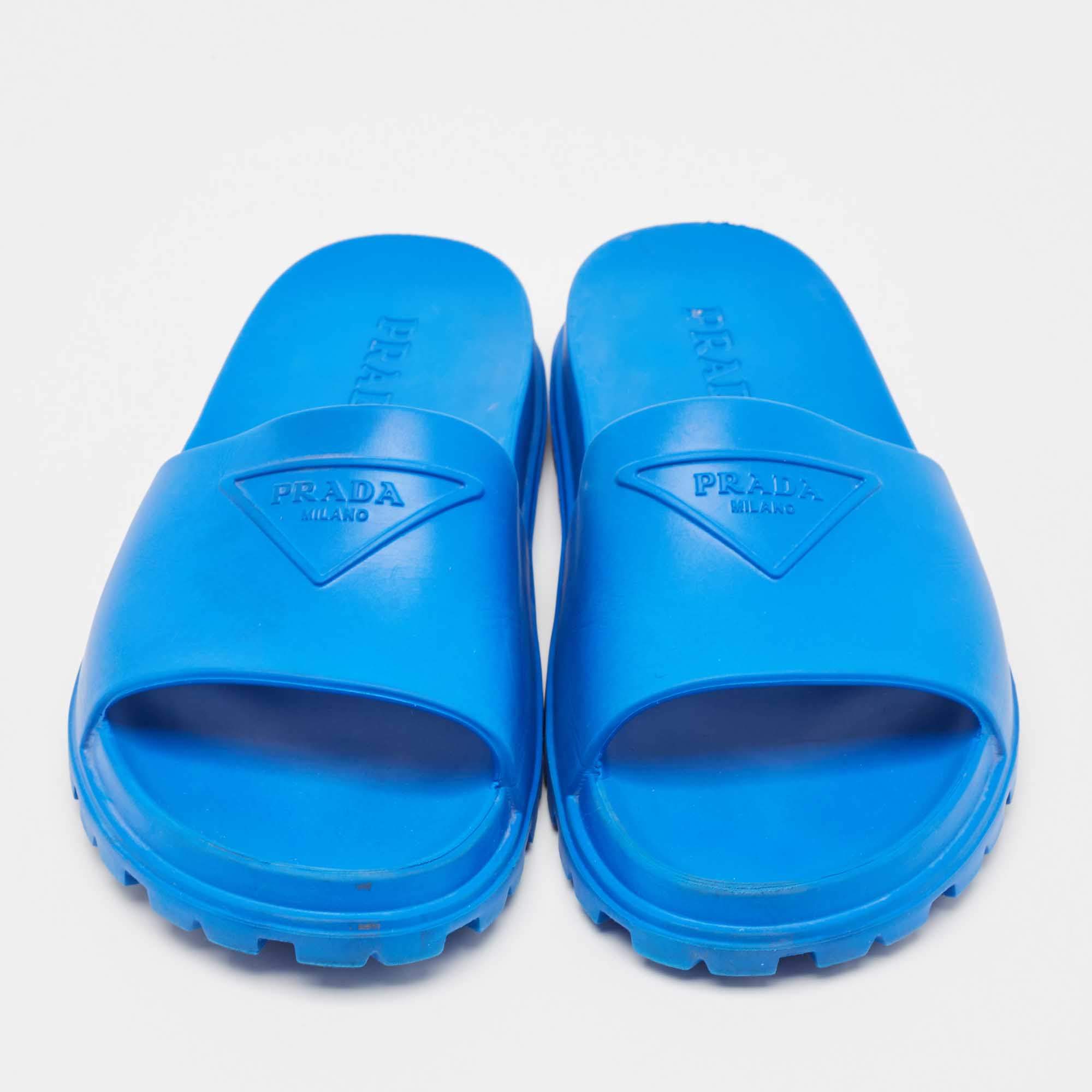 Prada Blue Rubber Triangle Logo Soft Pool Slides Size 42 Prada | TLC